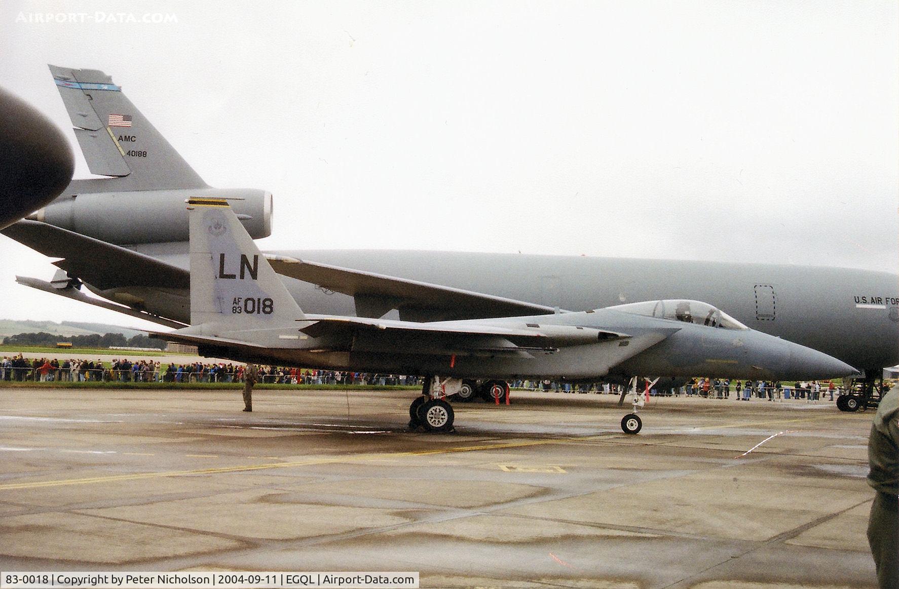 83-0018, 1983 McDonnell Douglas F-15C Eagle C/N 0865/C278, F-15C Eagle, callsign Grim 11, of the 493rd Fighter Squadron/48th Fighter Wing at RAF Lakenheath on display at the 2004 RAF Leuchars Airshow.