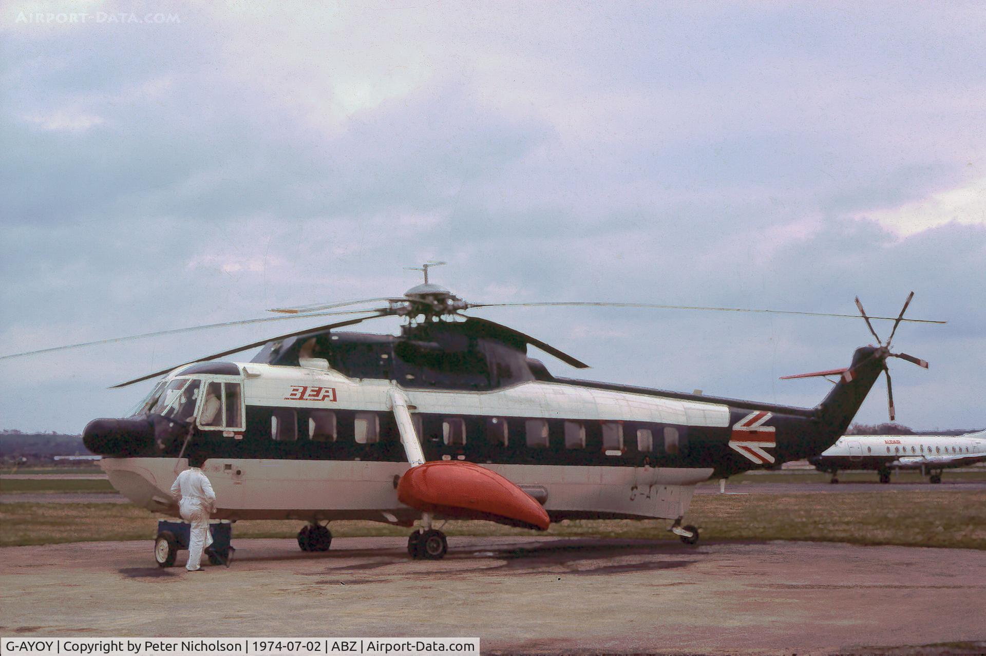G-AYOY, 1970 Sikorsky S-61N C/N 61476, BEA Helicopters S-61N seen at Aberdeen in the Summer of 1974.