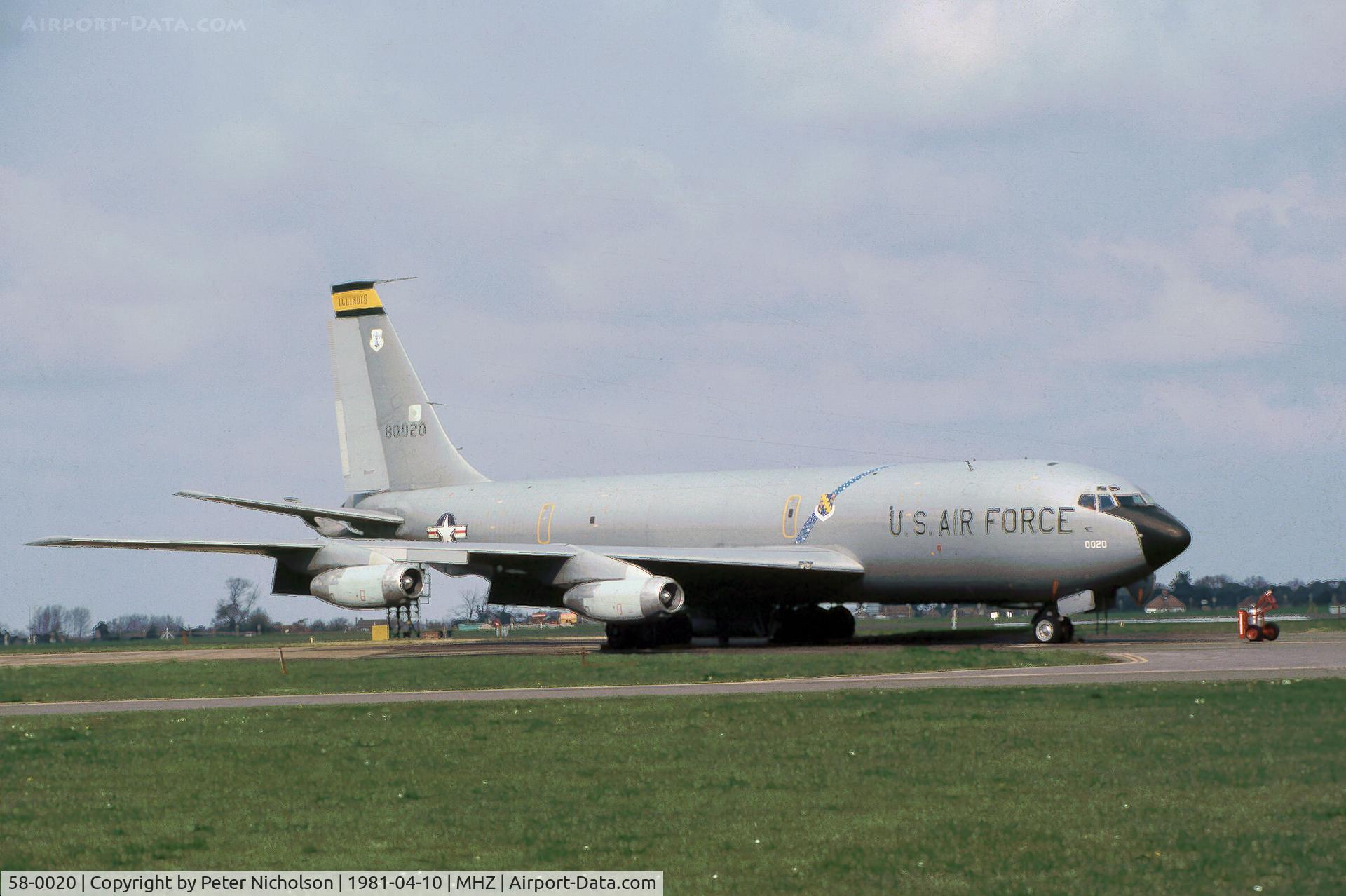 58-0020, 1958 Boeing KC-135E Stratotanker C/N 17765, KC-135E Stratotanker of the Illinois Air National Guard parked at RAF Mildenhall in April 1981.