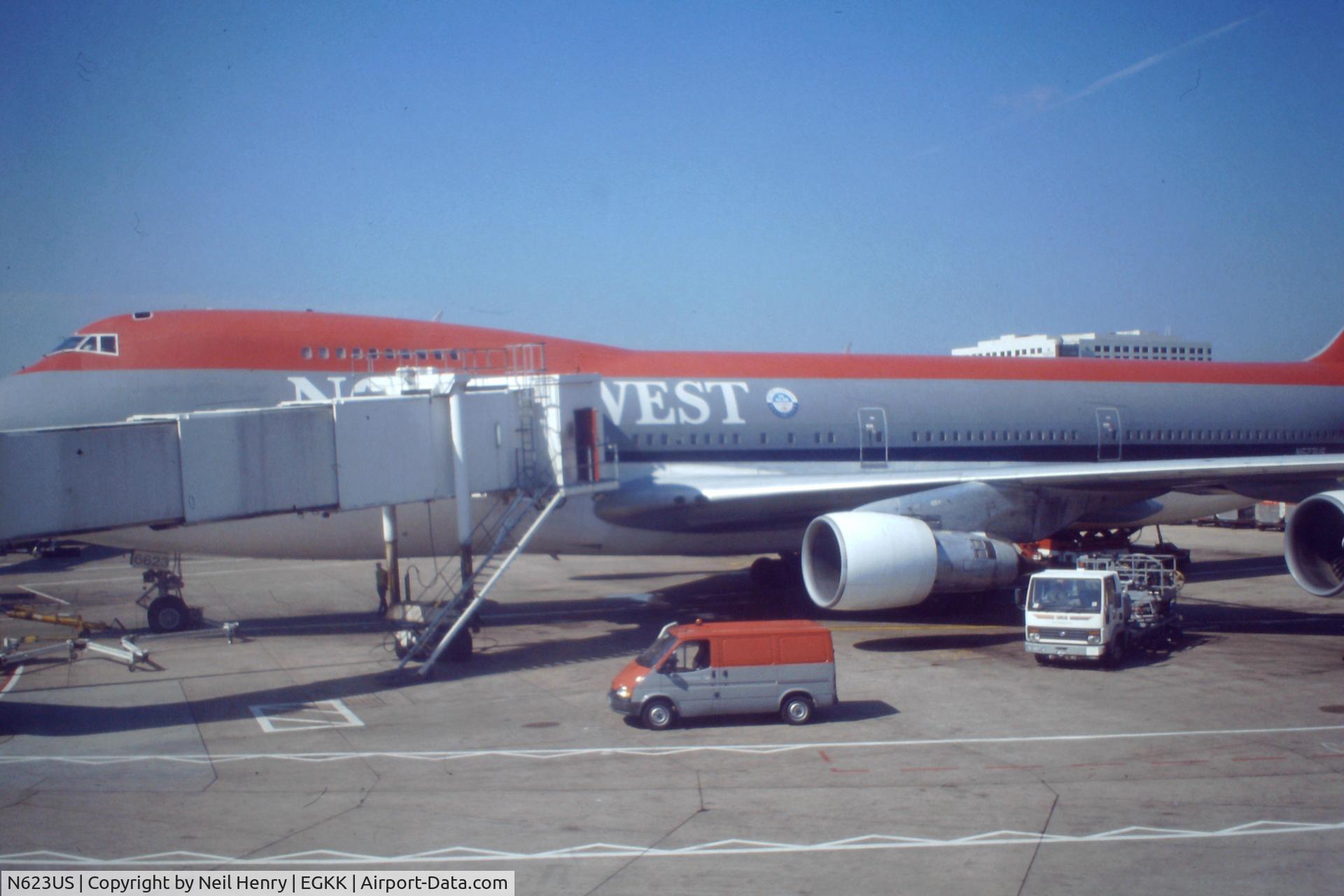 N623US, 1979 Boeing 747-251B C/N 21705, from original slide taken early Sept 1994 at London Gatwick Airport