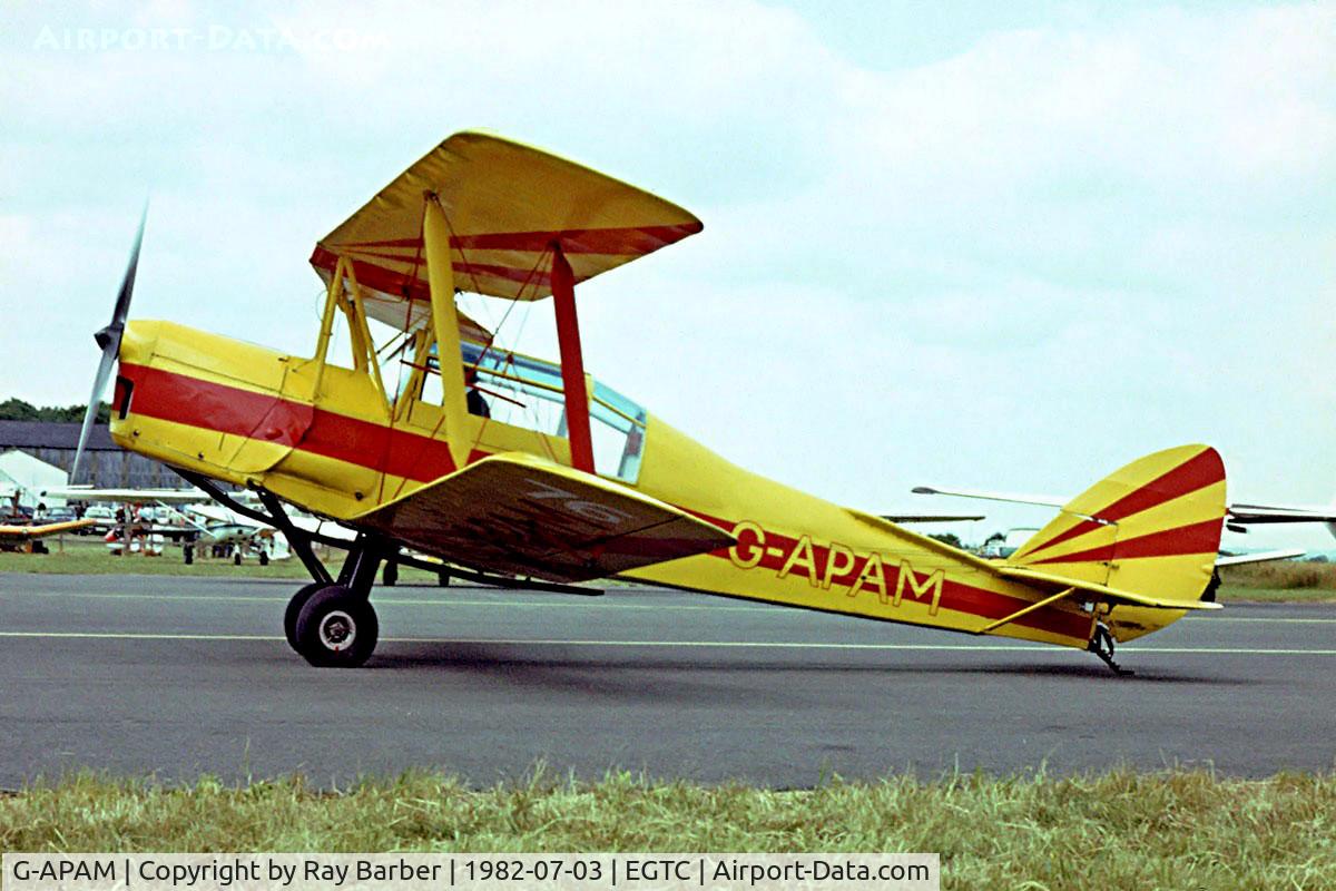 G-APAM, 1939 De Havilland DH-82A Tiger Moth II C/N 3874, De Havilland DH.82A Thruxton Jackaroo [3874] Cranfield~G 03/07/1982. This was flown as a Thruxton Jackaroo from late 1959 to 1987 when it was converted back to a Tiger Moth. Image taken from a slide.