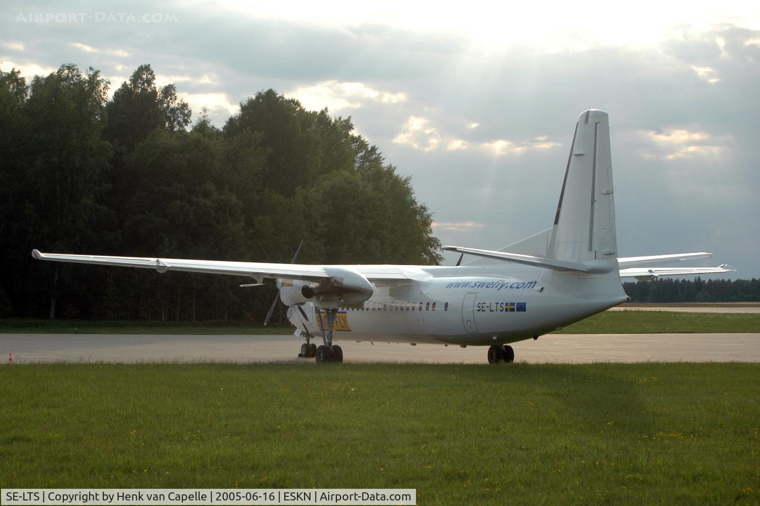 SE-LTS, 1991 Fokker 50 C/N 20230, Fokker 50 operated by SweFly parked at Nyköping Skavsta airport, Sweden.