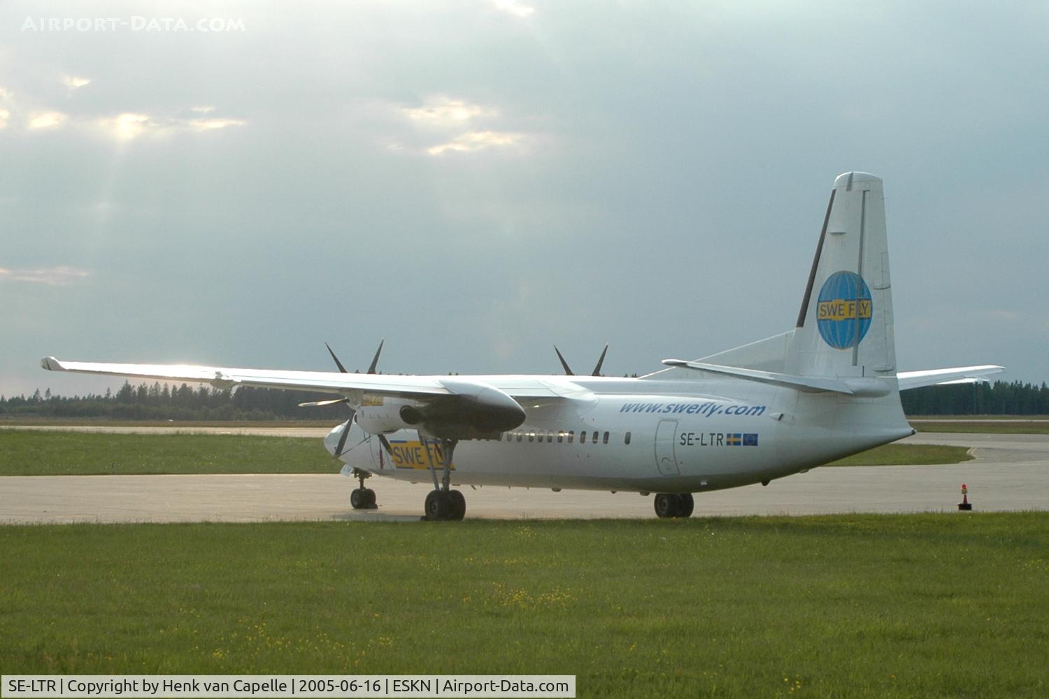 SE-LTR, 1991 Fokker 50 C/N 20226, Fokker 50, operated by SweFly, parked at Nyköping Skavsta airport, Sweden.