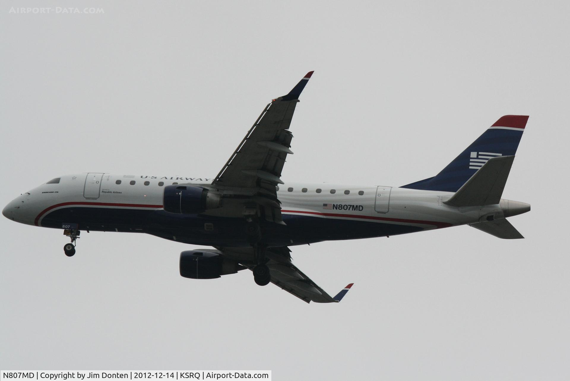 N807MD, 2004 Embraer 170SU (ERJ-170-100SU) C/N 17000020, US Air Flight 3327 operated by Republic (N807MD) arrives at Sarasota-Bradenton International Airport following flight from Reagan National Airport