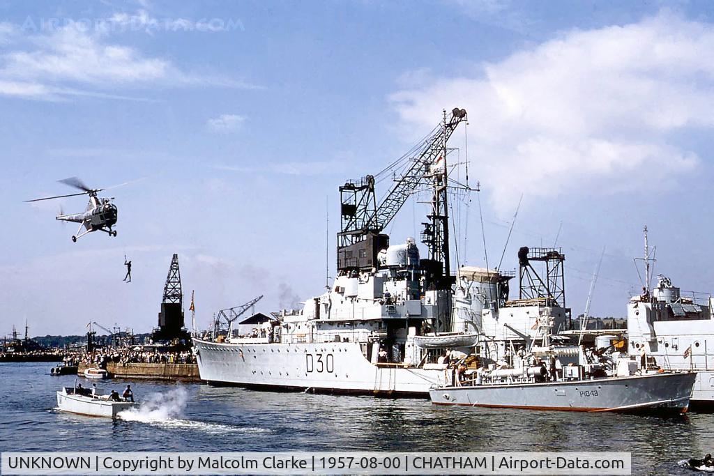 UNKNOWN, Westland Dragonfly HR.1 C/N Unknown, An unidentified Royal Navy Westland Dragonfly demonstrating alongside HMS Carron at Chatham Navy Days in August 1957. 