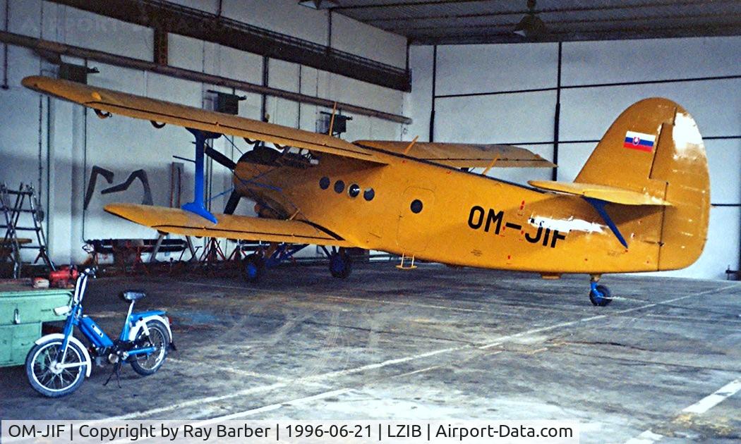 OM-JIF, Antonov (PZL-Mielec) An-2 C/N 1G186-20, Antonov An-2T [1G186-20] (Slovair) Bratislava~OM 21/06/1996. This has been registered twice as this and as OK-JIF 3 times going backwards and forwards as these 2 registrations.