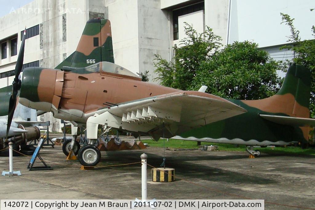 142072, 1957 Douglas A-1J  Skyraider C/N 9701, This particular airplane was deployed on the carriers USS Hancock, USS Midway, USS Ranger and USS Oriskany. Last duty with 56th SOW, 602 SOS in Nakhon Pathom, Thailand. Today displayed at RTAF Museum.