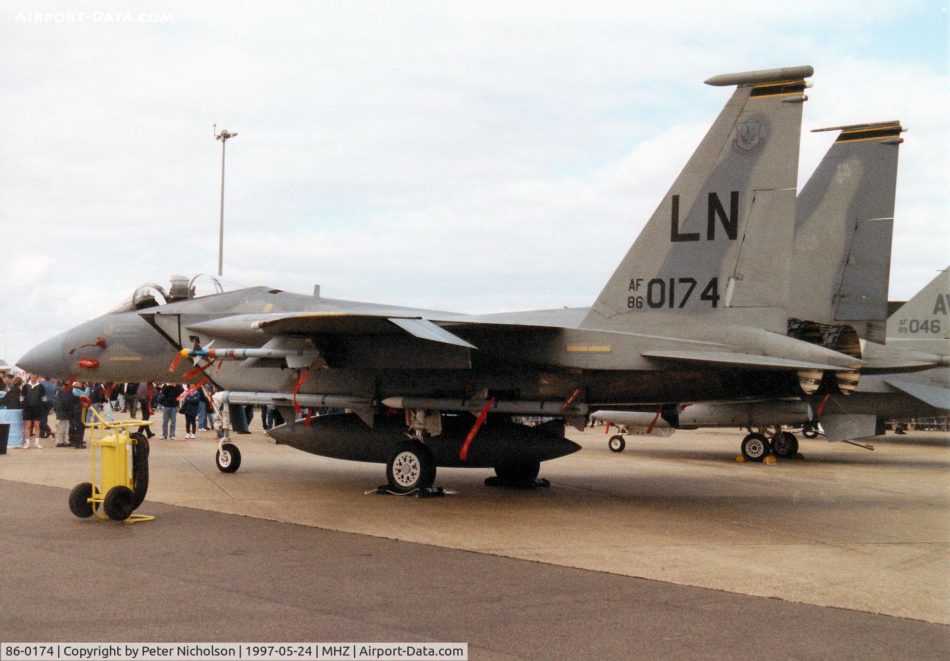 86-0174, 1986 McDonnell Douglas F-15C Eagle C/N 1024/C402, F-15C Eagle, callsign Bite 14, of 493rd Fighter Squadron/48th Fighter Wing at RAF Lakenheath on display at the 1997 RAF Mildenhall Air Fete.