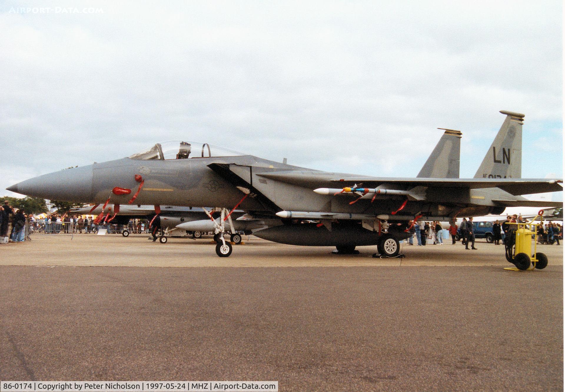 86-0174, 1986 McDonnell Douglas F-15C Eagle C/N 1024/C402, Another view of the F-15C Eagle, callsign Bite 14, of RAF Lakenheath's 493rd Fighter Squadron/48th Fighter Wing on display at the 1997 RAF Mildenhall Air Fete.