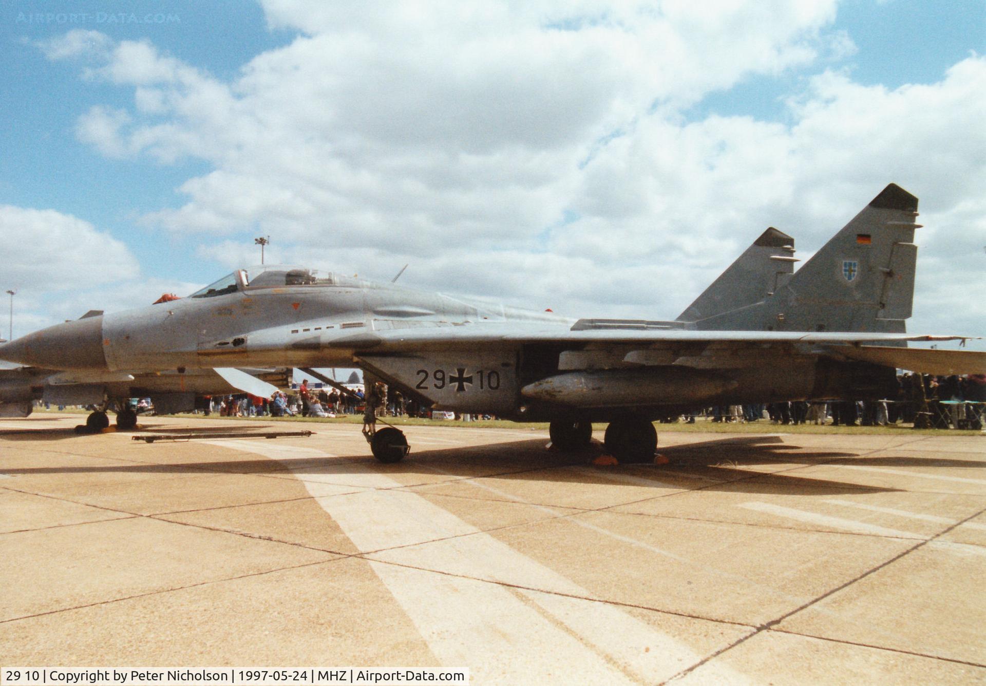 29 10, Mikoyan-Gurevich MiG-29 C/N 2960525124, MiG-29A, callsign German Air Force 7321, of JG-73 on display at the 1997 RAF Mildenhall Air Fete.