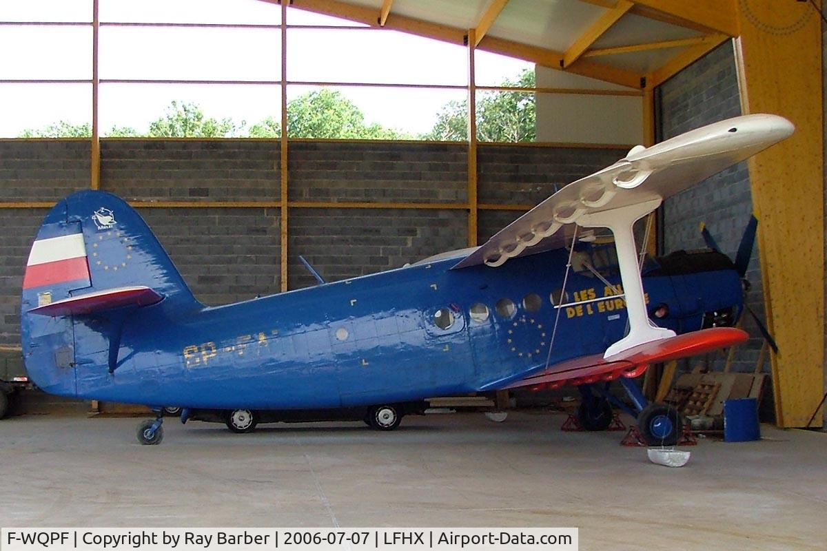 F-WQPF, Antonov An-2 C/N 1G240-33, Antonov An-2T [1G240-33] Lapalisse~F 07/07/2006. Still marked as SP-FAF when taken but reistered as F-WQPF. It was due to be registered F-GROM but was not taken up. Reverted back to SP-FAF on 21-05-2008.