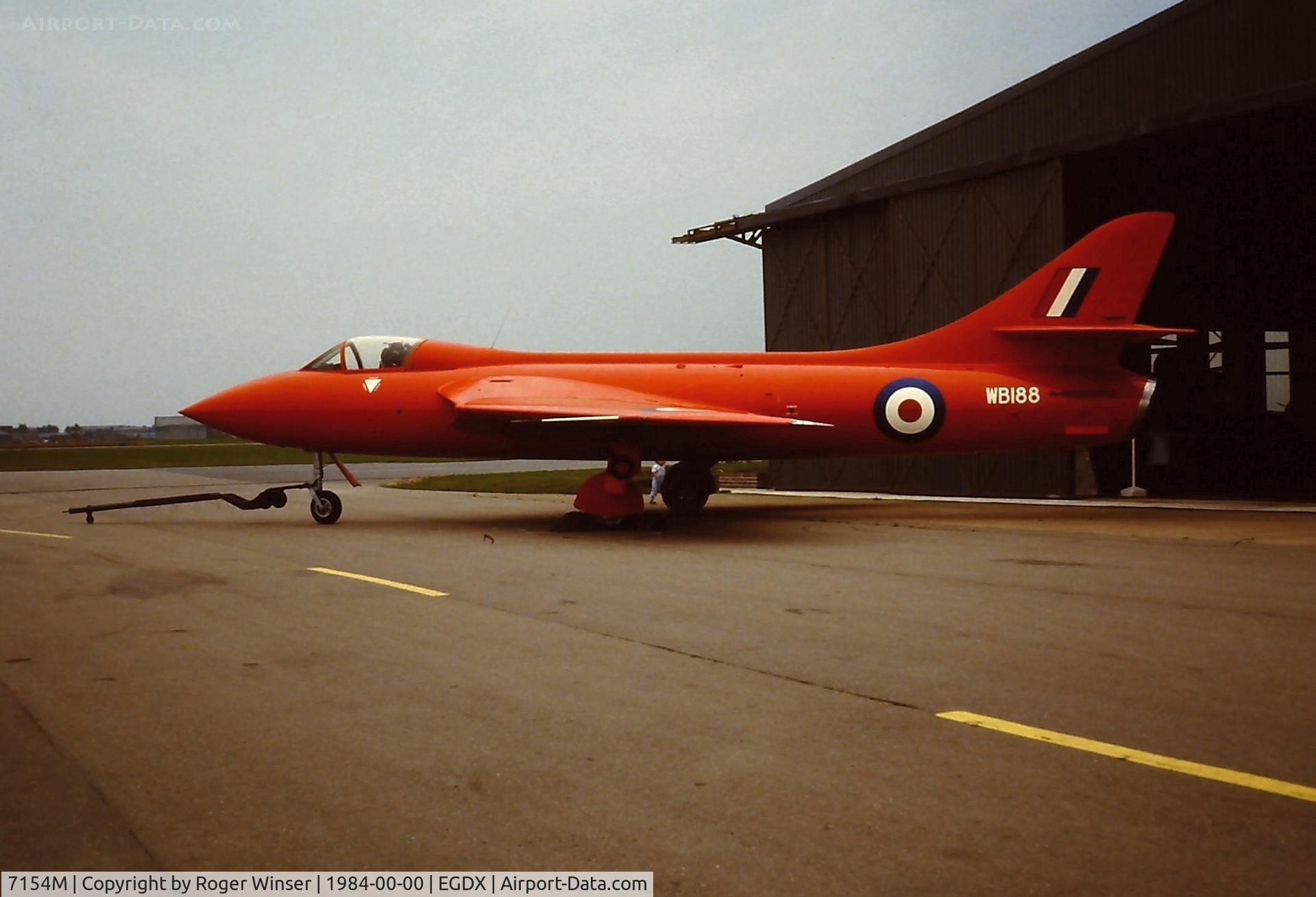 7154M, 1951 Hawker Hunter F.3 C/N 41H/665401, The first Hawker P.1067 Hunter prototype WB188 converted to Mk.3 standards and gained the world air speed record in 1953. Seen as Instructional Airframe 7154M at the RAF St. Athan Historic Aircraft open day in 1984
