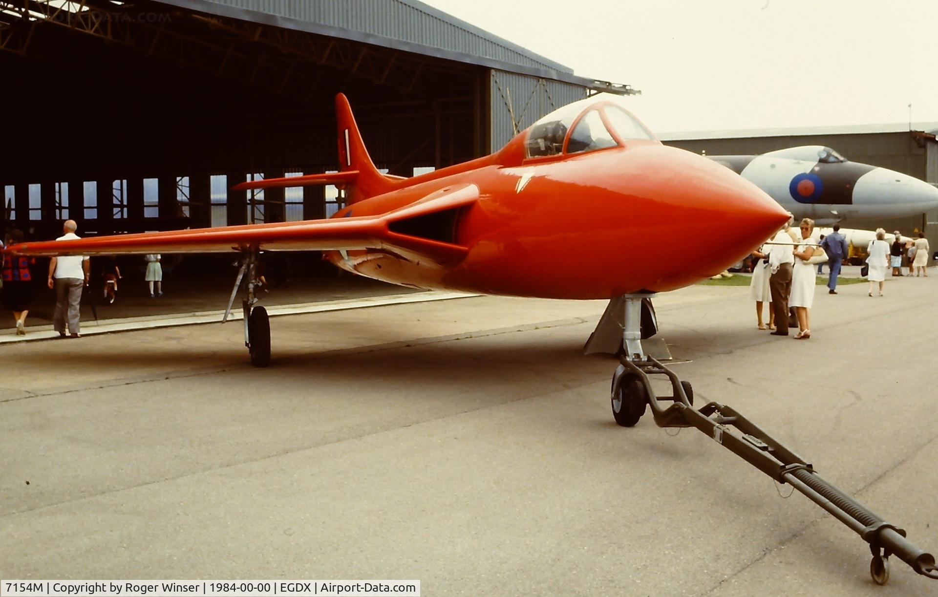7154M, 1951 Hawker Hunter F.3 C/N 41H/665401, The first Hawker P1067 Hunter prototype WB188 converted to Mk.3 standards and gained the world air speed record in 1953. Seen as Instructional Airframe 7154M at the RAF St Athan Historic Aircraft open day in 1984.