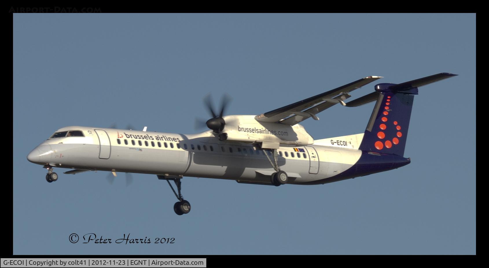 G-ECOI, 2008 De Havilland Canada DHC-8-402Q Dash 8 C/N 4224, Finals to land 25 EGNT. Still registerd to Flybe in Brussels Airlines Colours
