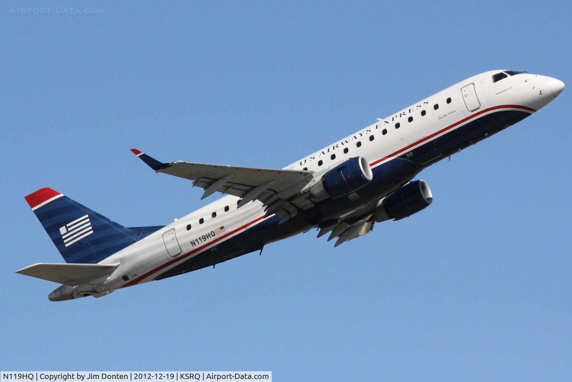 N119HQ, 2007 Embraer 175LR (ERJ-170-200LR) C/N 17000190, US Air Flight 3388 operated by Republic (N119HQ) departs Sarasota-Bradenton International Airport enroute to Reagan National Airport