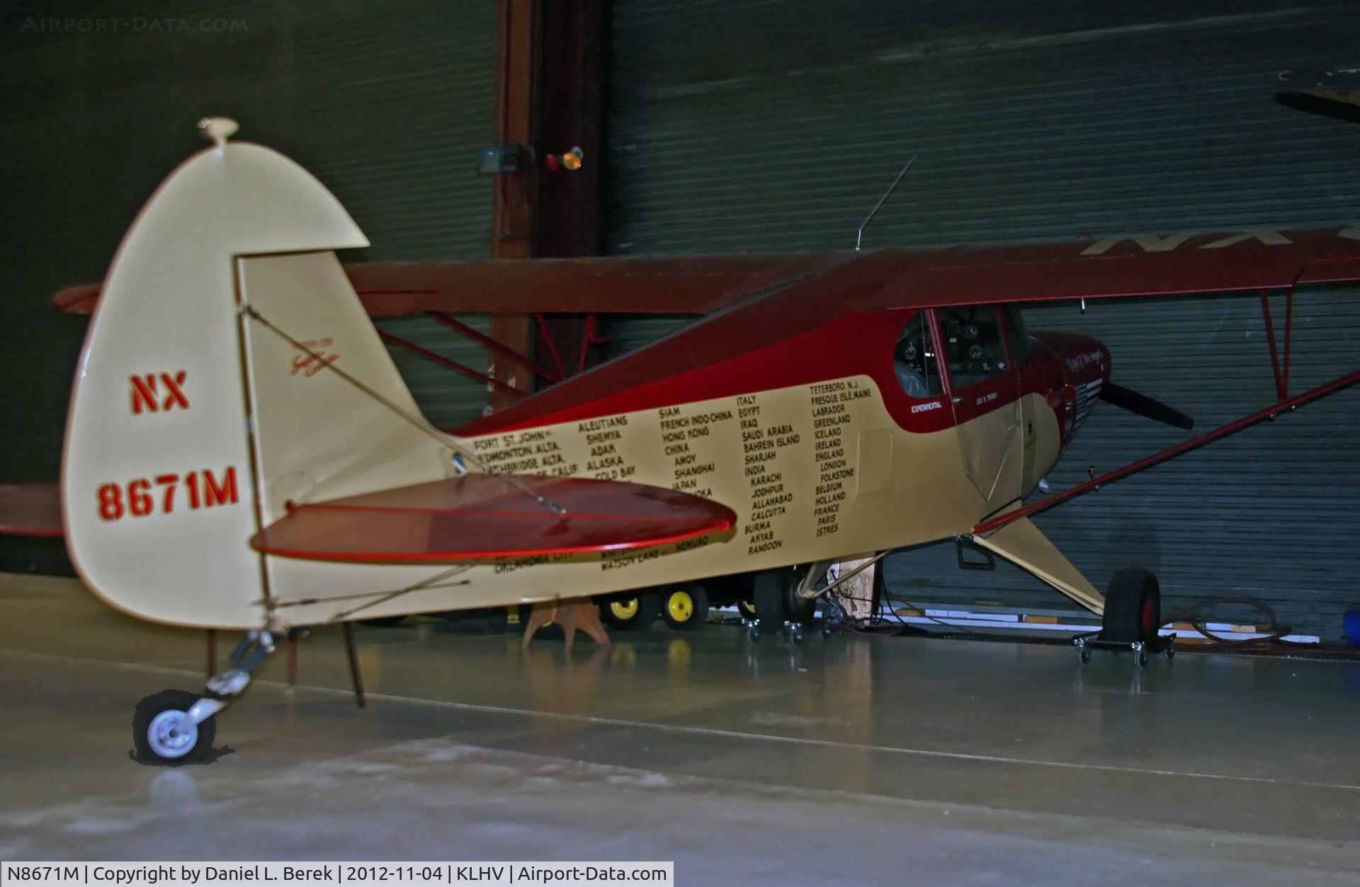 N8671M, 1947 Piper PA-12 Super Cruiser C/N 12-2623, This little guy has been around quite a bit!  The Super Cruiser was essentially a widened Piper J-3 Cub, with side-by-side rather than tandem seating.