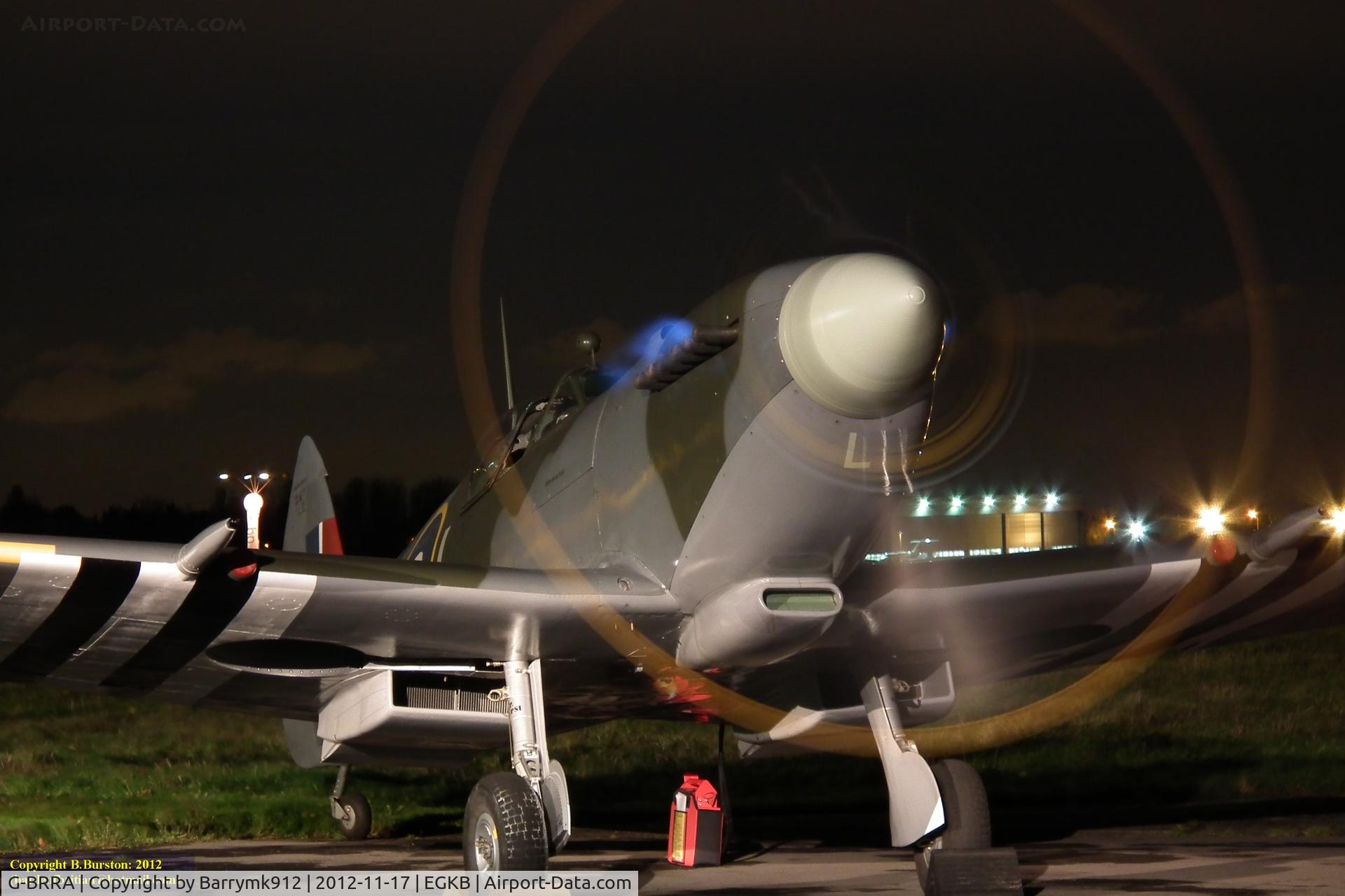 G-BRRA, 1942 Supermarine 361 Spitfire LF.IXc C/N CBAF.IX.8185, Taken at the Biggin Hill Heritage Hangar Night Shoot.  November 2012
