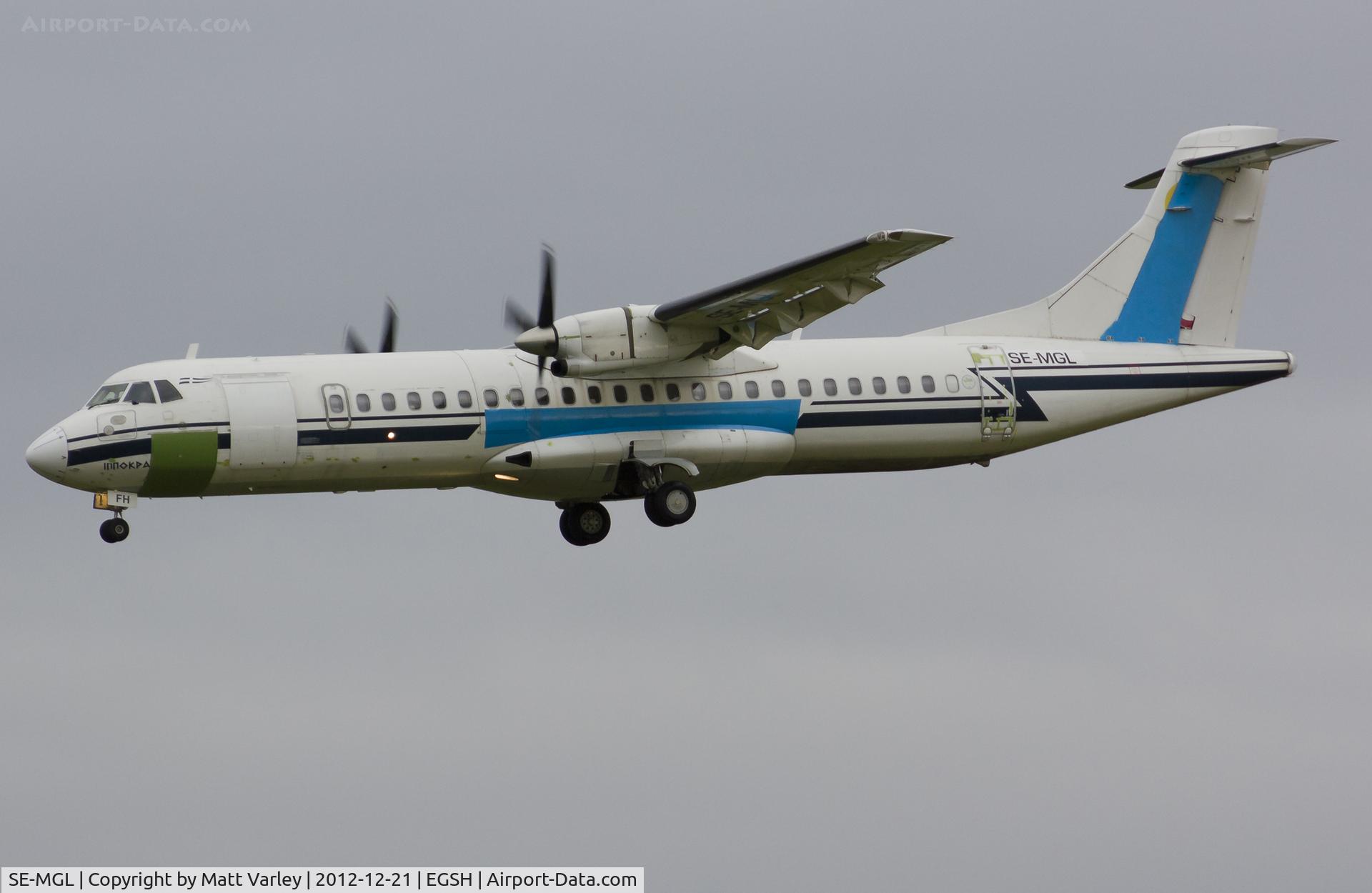 SE-MGL, 1993 ATR 72-202 C/N 353, Arriving at EGSH for spray.