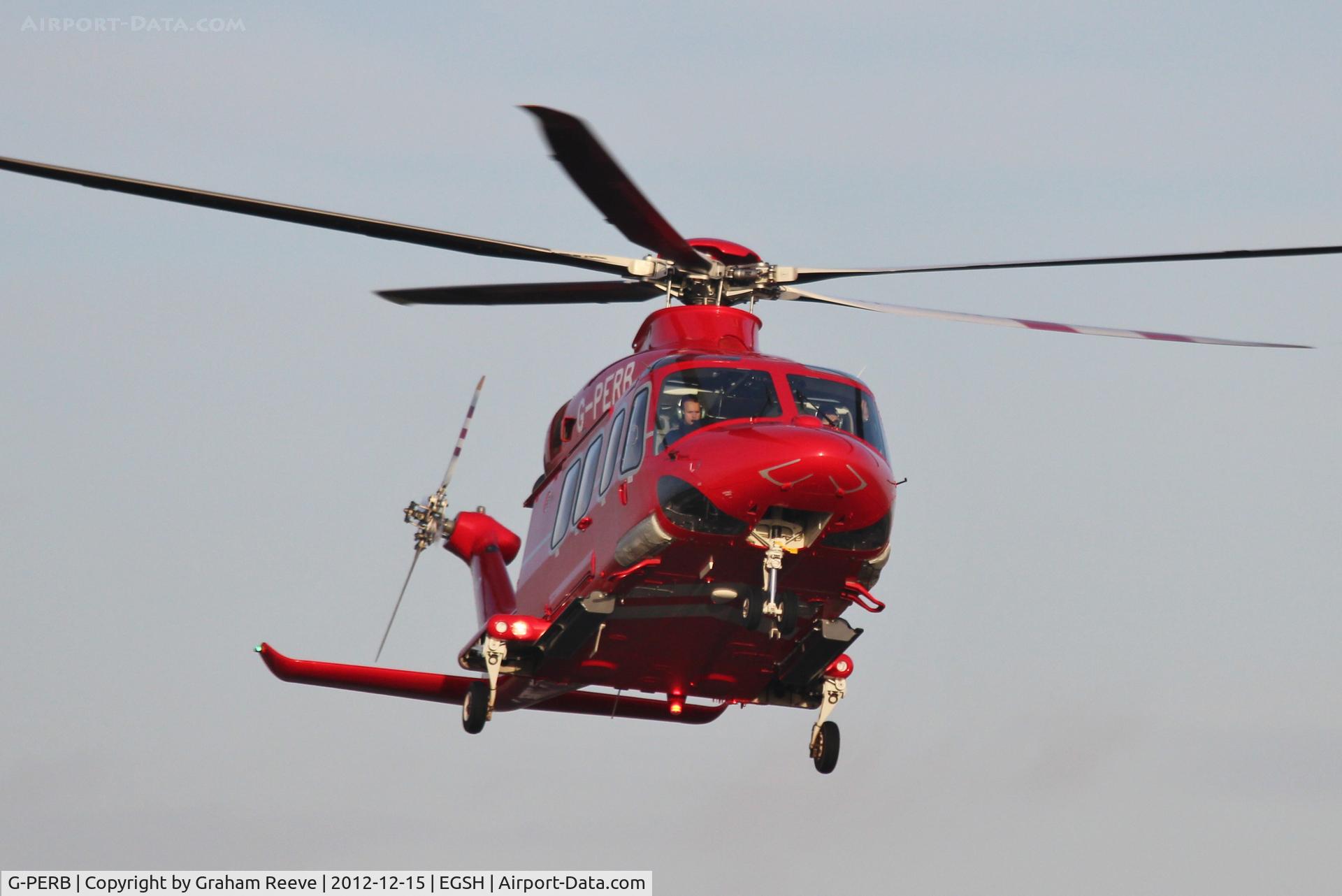 G-PERB, 2011 AgustaWestland AW-139 C/N 41261, About to touch down at Norwich.