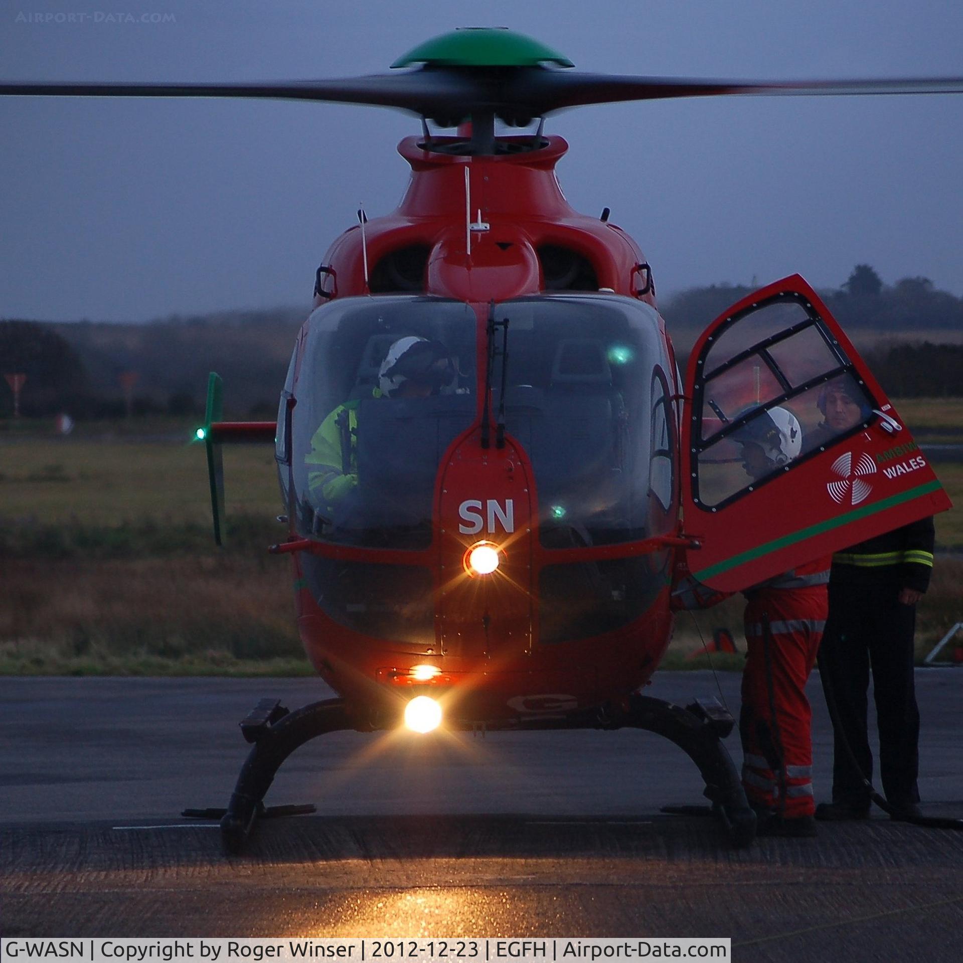 G-WASN, 2008 Eurocopter EC-135T-2+ C/N 0746, Hot refuel for Swansea Airport based Wales Air Ambulance. Helimed 57 completed the 8000th mission for the South Wales based air ambulance on 28th November 2012  