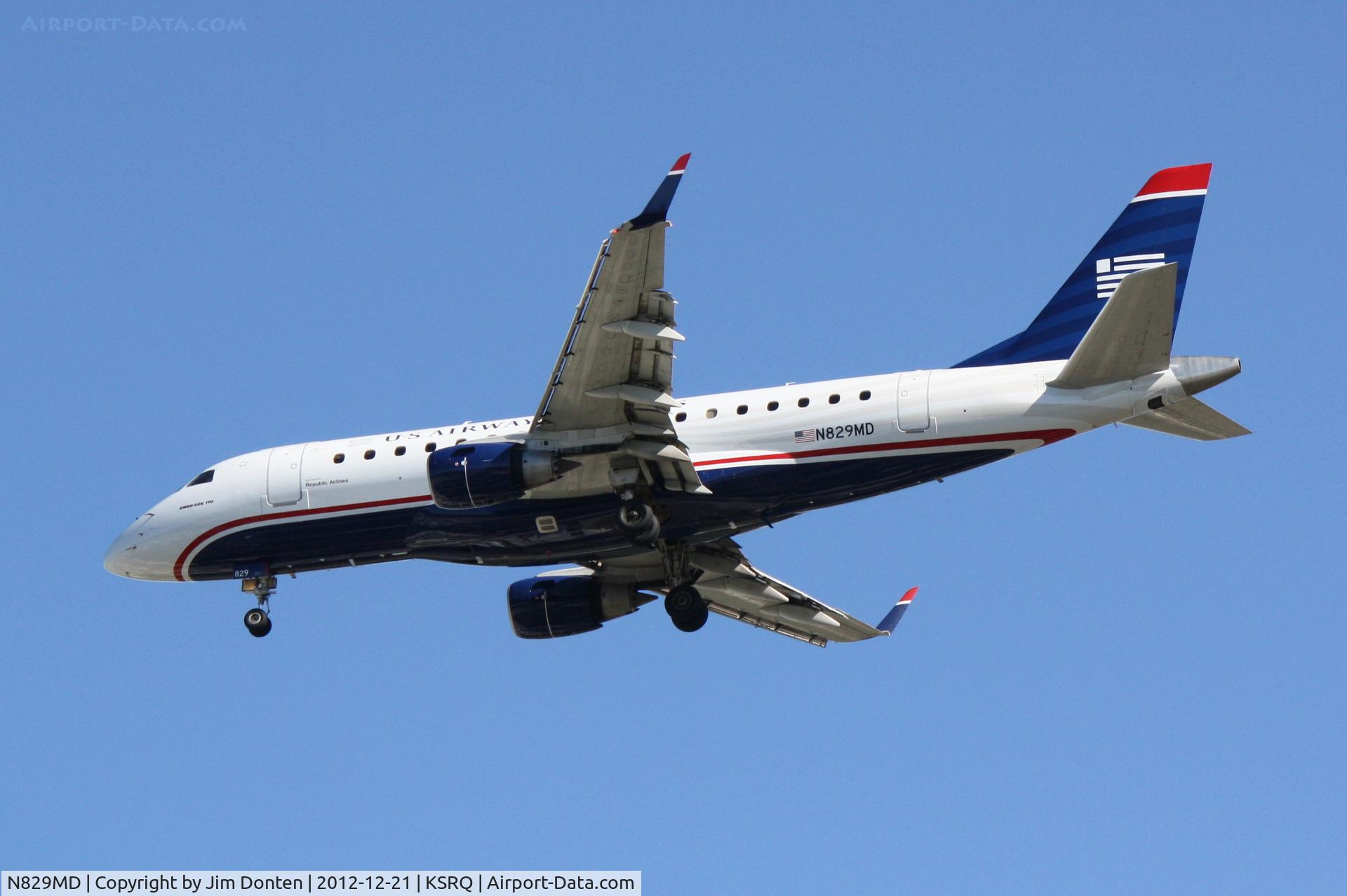 N829MD, 2005 Embraer 170SU (ERJ-170-100SU) C/N 17000049, US Air Flight 3327 operated by Republic (N829MD) arrives at Sarasota-Bradenton International Airport following a flight from Reagan National Airport