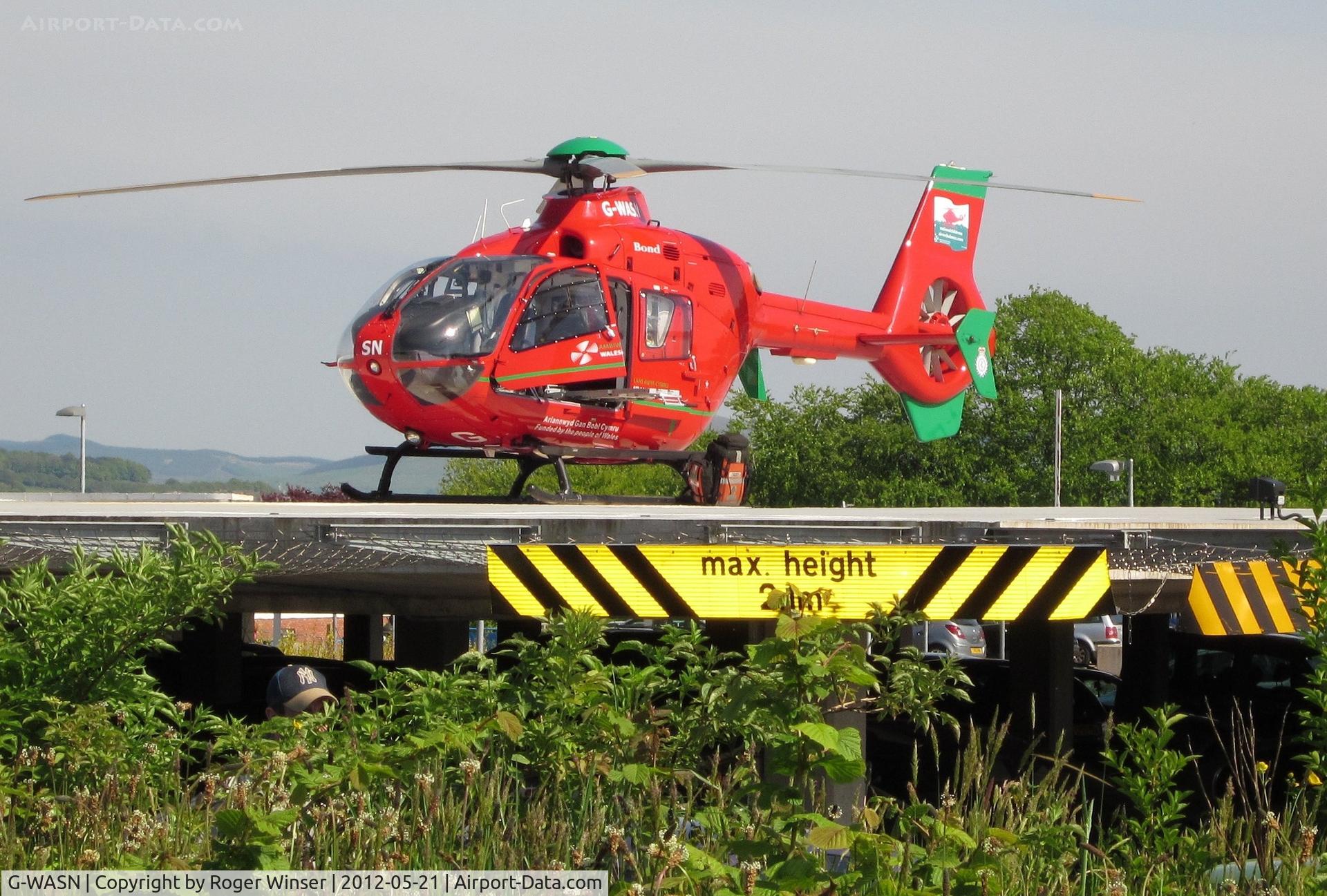 G-WASN, 2008 Eurocopter EC-135T-2+ C/N 0746, Off Airport. Swansea Airport based Wales Air Ambulance helicopter (Helimed 57) on the helipad at Morriston Hospital, Swansea, Wales, UK.