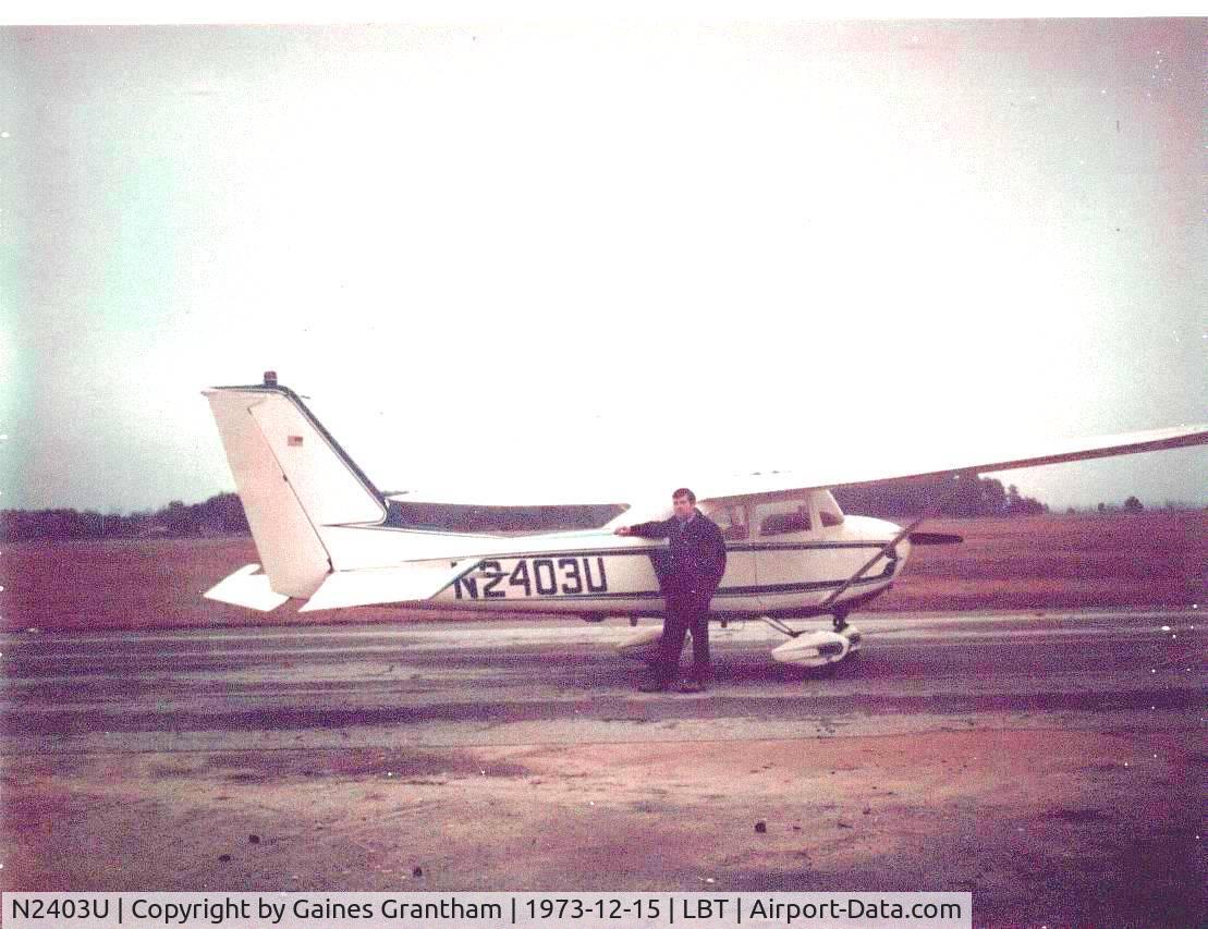 N2403U, 1962 Cessna 172D C/N 17250003, Painted with Imron. Experimental on aircraft then by DuPont. White/3 blues. Bought from Cannon Aircraft, CLT. Owned by duster/instr. before me. First DME and transponder in a small private plane at LBT. Many happy flying hours. Traded for Skylane N2044X.