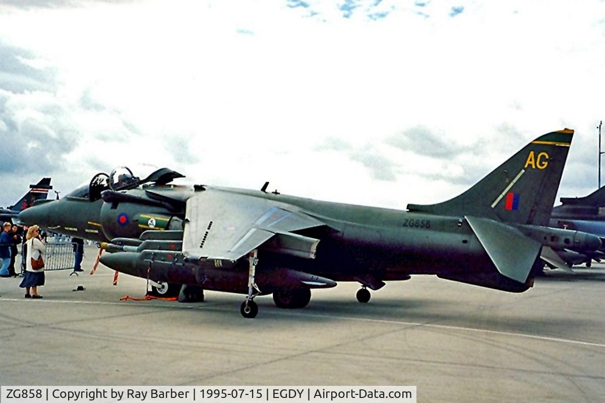 ZG858, 1991 British Aerospace Harrier GR.7 C/N P90, BAe Systems Harrier GR.7 [P90] (RAF) RNAS Yeovilton~G 15/07/1995. Later upgraded to a GR.9. Coded *AG*.