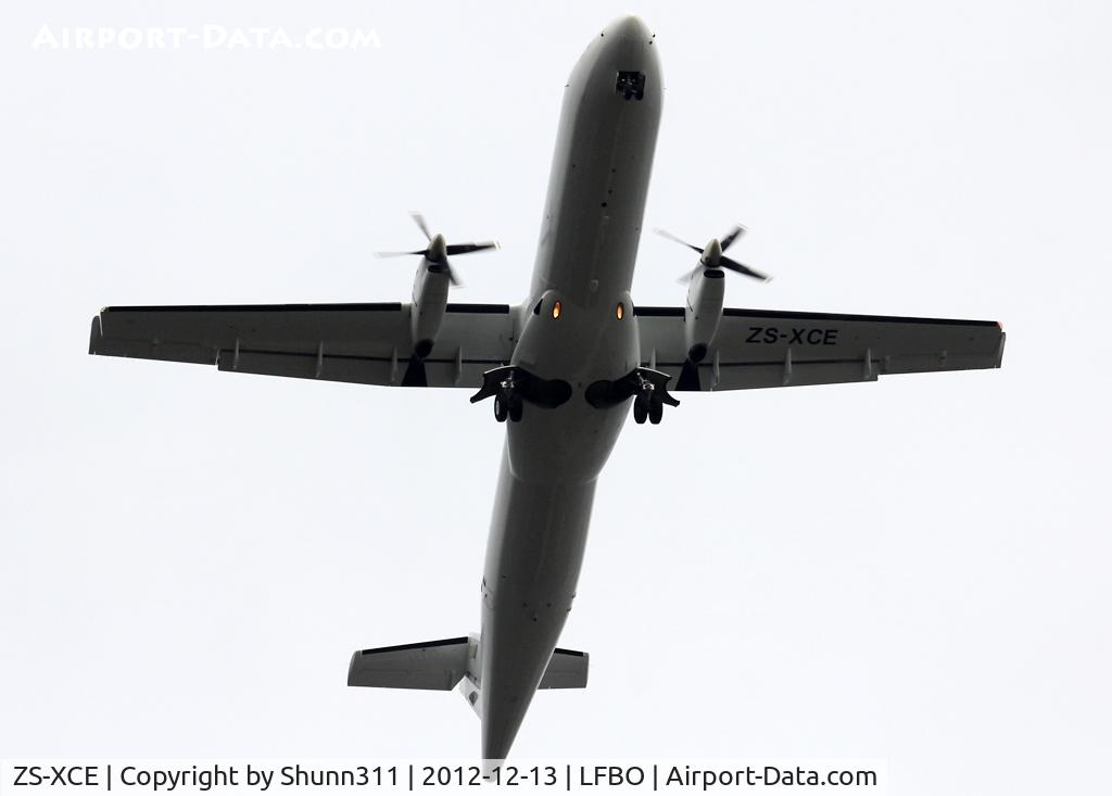ZS-XCE, 1993 ATR 72-202 C/N 396, Passing over the Airport during a flight test... All white, no titles...