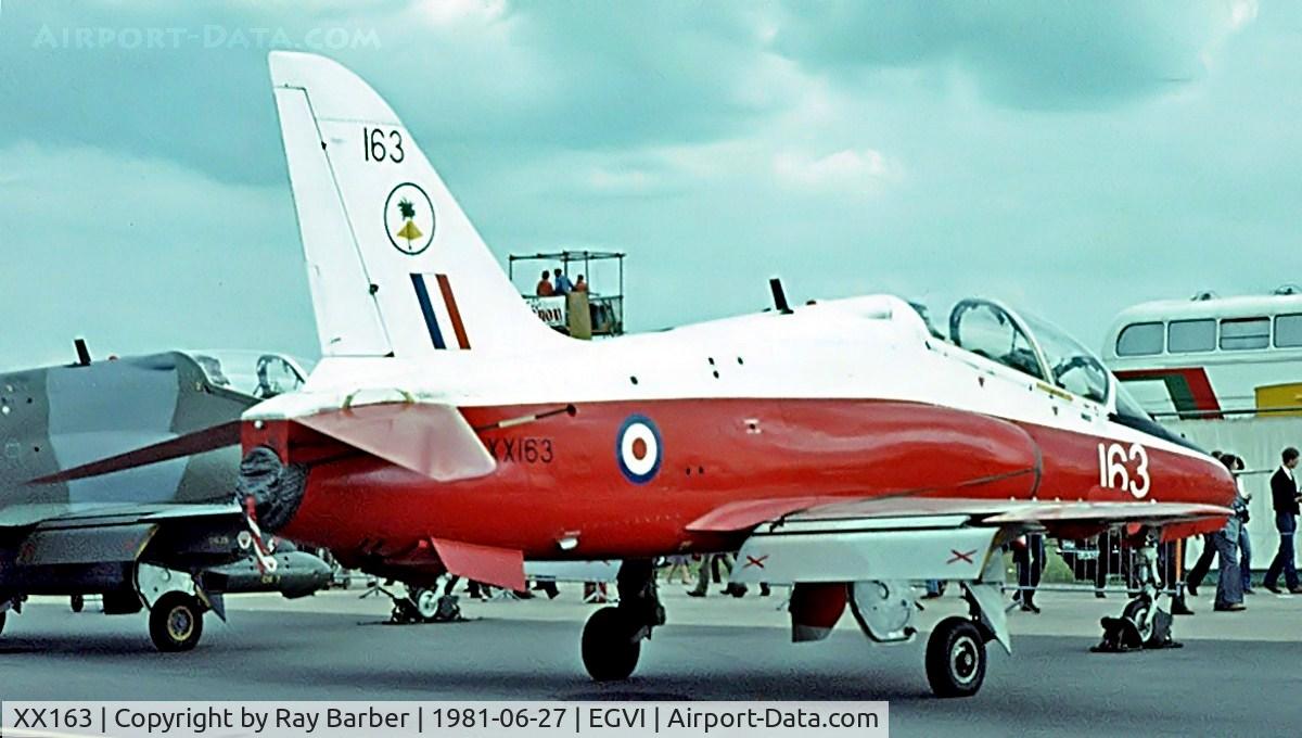 XX163, 1976 Hawker Siddeley Hawk T.1 C/N 010/312010, BAe Systems Hawk T.1 [312010] (RAF) RAF Greenham Common~G 27/06/1981. Image taken from a slide. Wriiten off RAF Valley 1993-07-01 . Now used as a instructional airframe with the Kuwait Air Force.
