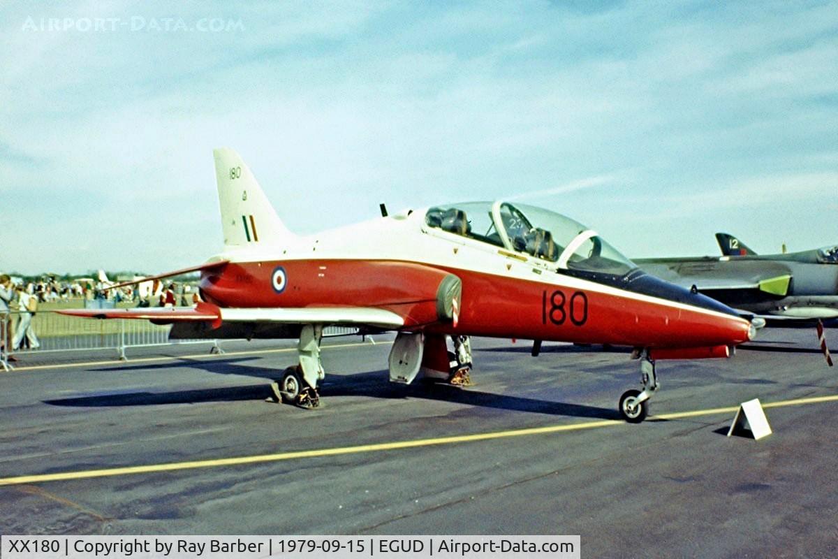 XX180, 1977 Hawker Siddeley Hawk T.1 C/N 027/312027, BAe Systems Hawk T.1 [312027] (RAF) RAF Abingdon~G 15/09/1979. Image taken from a slide. Written off after a bird strike at RAF Mona 1984-11-07.