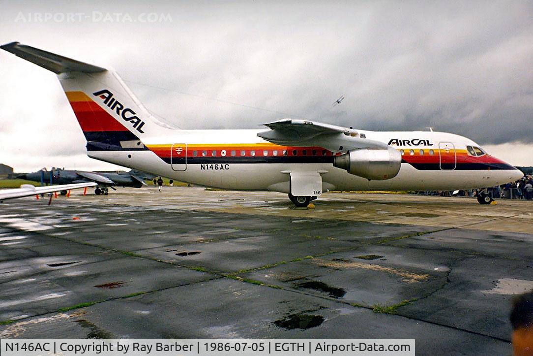 N146AC, 1986 British Aerospace BAe.146-200 C/N E2057, British Aerospace BAe 146-200 [E2057] (Air Cal) Hatfield~G 05/07/1986. Seen here ready for delivery. Scrapped 2012-05-00.