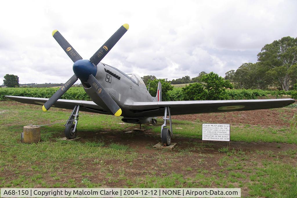 A68-150, Commonwealth CA-18 Mustang 23 (P-51D) Replica C/N None, This replica Mustang built entirely by hand is based on the aircraft used by Number 24 (City of Adelaide) Fighter Squadron (Citizens Air Force) that operated from the early 1950's through to June 1960 at Mallala Airfield.