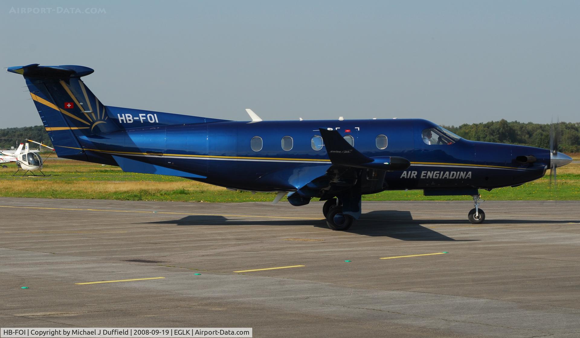 HB-FOI, 1996 Pilatus PC-12/45 C/N 157, Air Engiadina PC-12 taxiing for departure from Blackbushe on 19th September 2008