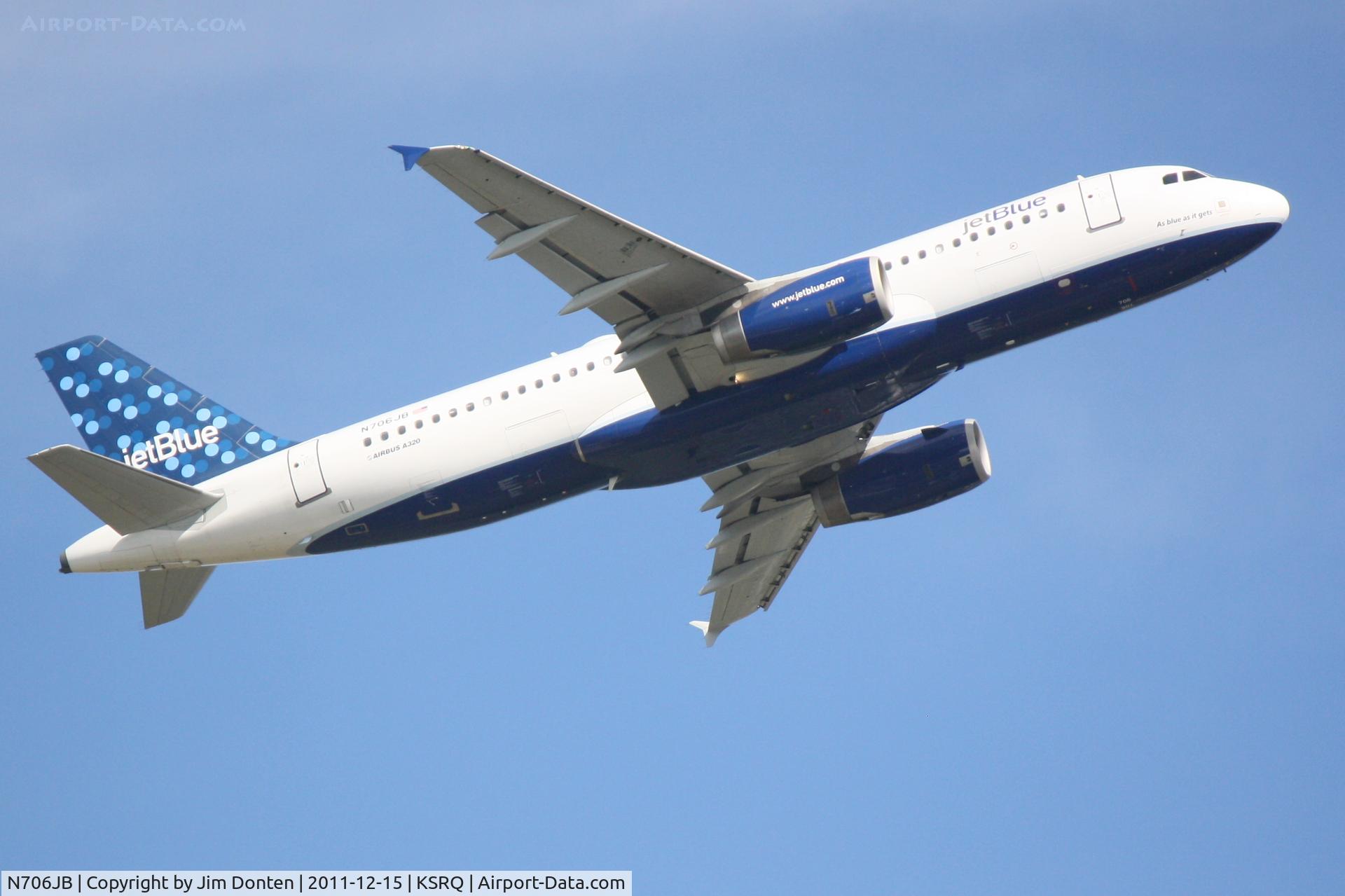N706JB, 2008 Airbus A320-232 C/N 3451, Jet Blue Flight 346 (N706JB) departs Runway 14 at Sarasota-Bradenton International Airport enroute to John F Kennedy International Airport