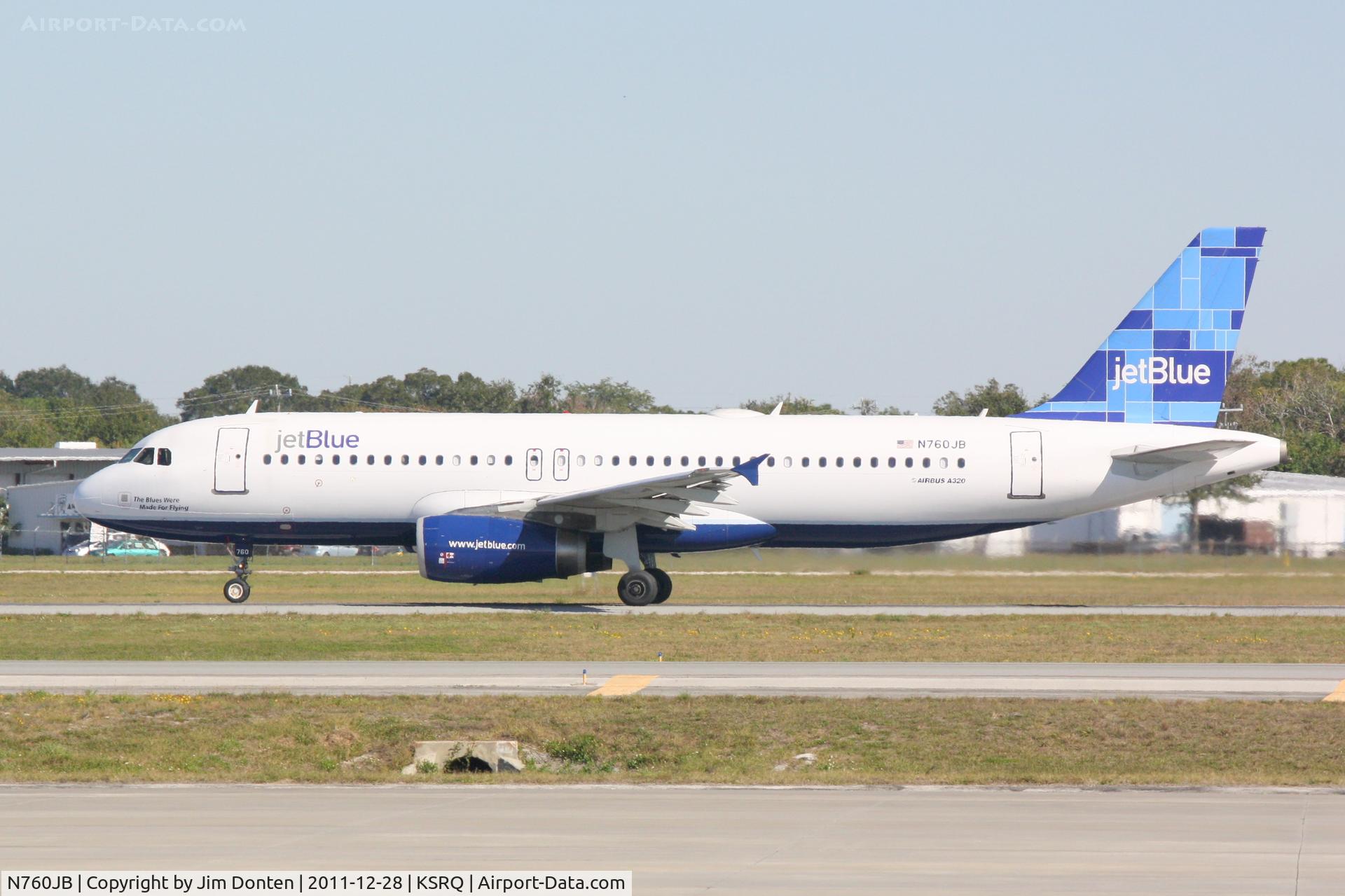 N760JB, 2008 Airbus A320-232 C/N 3659, Jet Blue Airbus A320 (N760JB) departs Runway 32 at Sarasota-Bradenton International Airport
