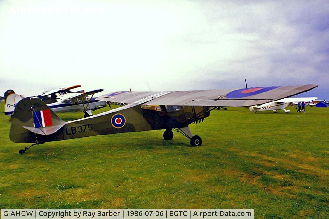 G-AHGW, 1943 Taylorcraft Auster 1 C/N 222, Taylorcraft UK Plus D [222] Cranfield~G 06/07/1986. Wearing former military serial *LB375*.