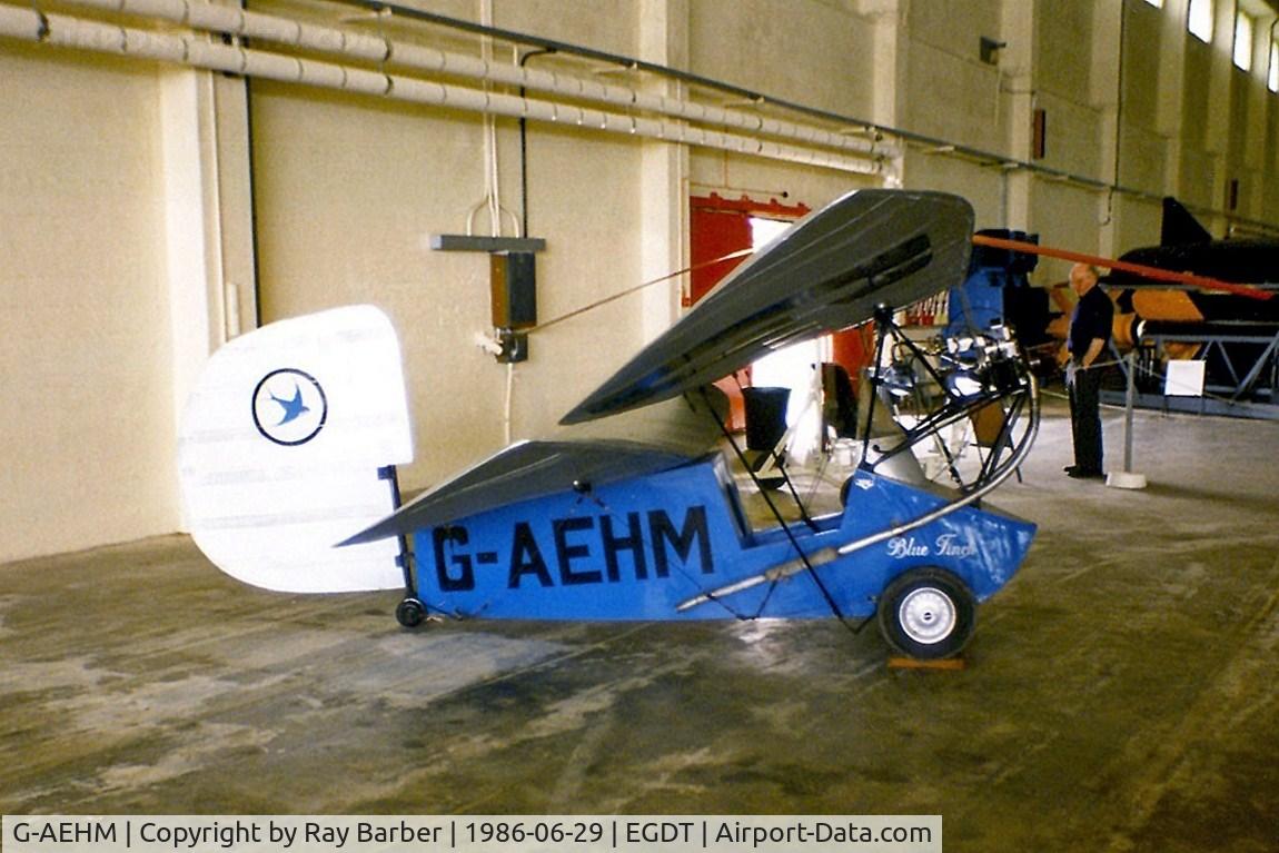 G-AEHM, Mignet HM.14 Pou-du-Ciel C/N HJD1, Mignet HM.14 Pou-du-Ciel [HJD.1] Wroughton~G 29/06/1986. Named *Blue Finch*. was preserved here as part of the Science Museum collection but now in Bristol City.