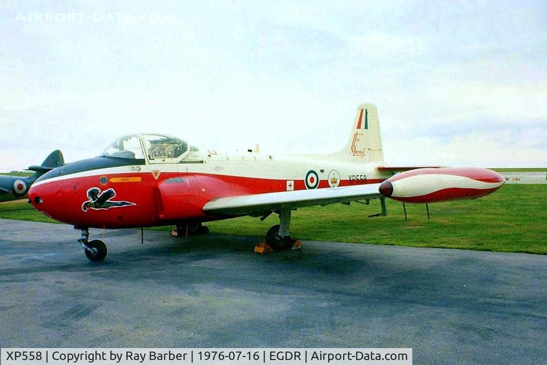 XP558, 1962 BAC 84 Jet Provost T.4 C/N Not found  XP558, BAC Jet Provost T.4 [Unknown] RNAS Culdrose~G 16/07/1976. Nose section only now preserved in a private collection in Scotland. Shown here in Macaws scheme. Image taken from a slide.