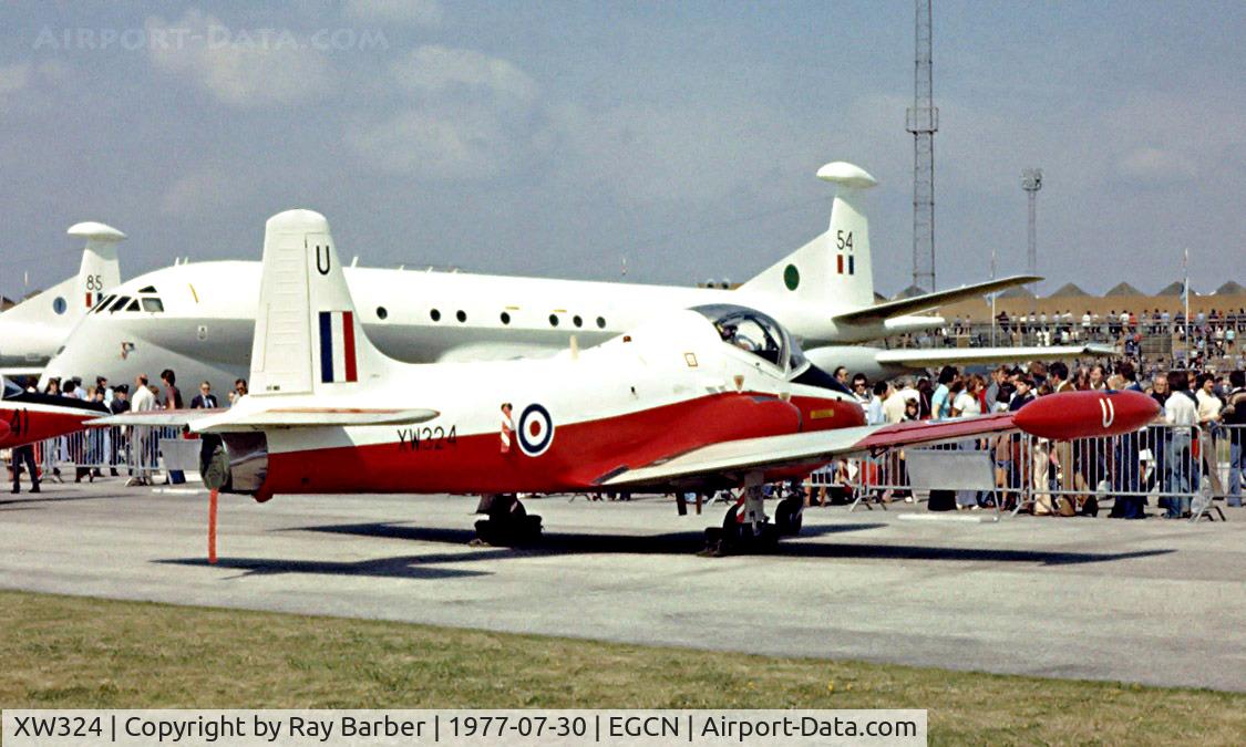 XW324, 1970 BAC 84 Jet Provost T.5 C/N EEP/JP/988, BAC Jet Provost T.5B [EEP/JP/988] (RAF) RAF Finningley~G 30/07/1977. Seen here since become civil registered but still wears these marks. Image taken from a slide.