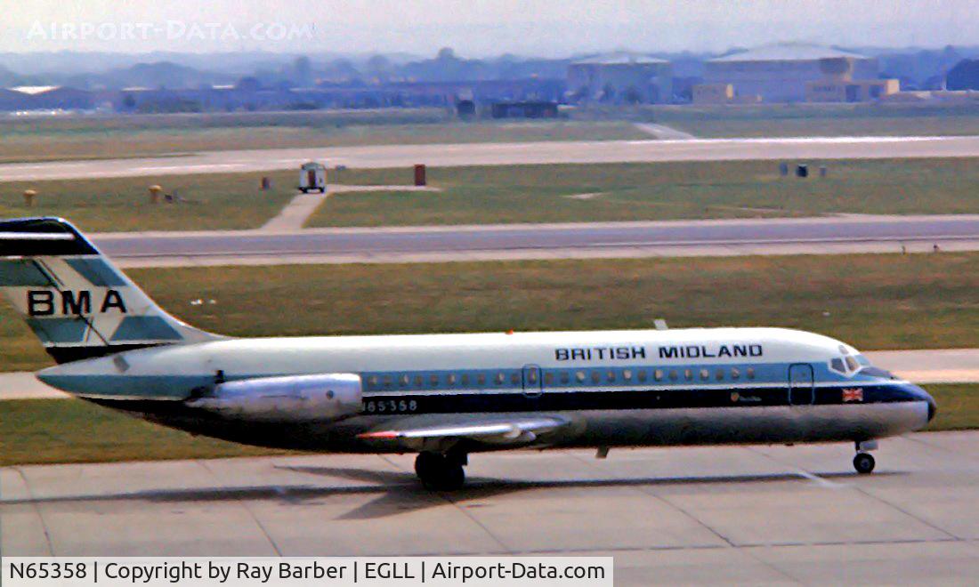 N65358, 1966 Douglas DC-9-15 C/N 47048, McDonnell Douglas DC-9-15 [47048] (British Midland) Heathrow~G 1977. Image taken from a slide.
