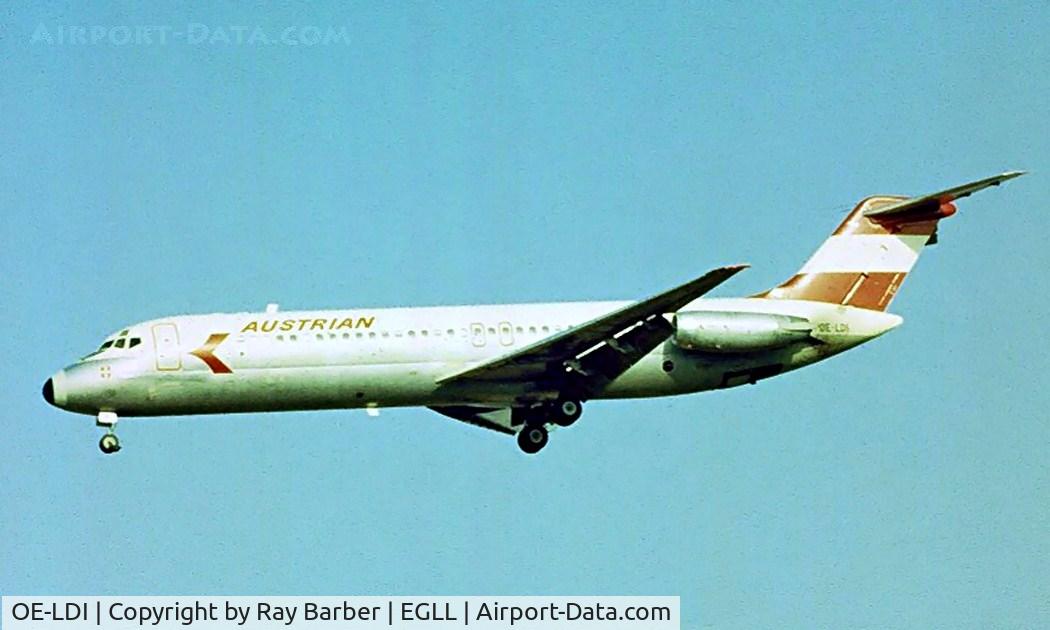 OE-LDI, 1972 Douglas DC-9-32 C/N 47559, McDonnell Douglas DC-9-32 [47559] (Austrian Airlines) Heathrow~G 1978. Image taken from a slide.