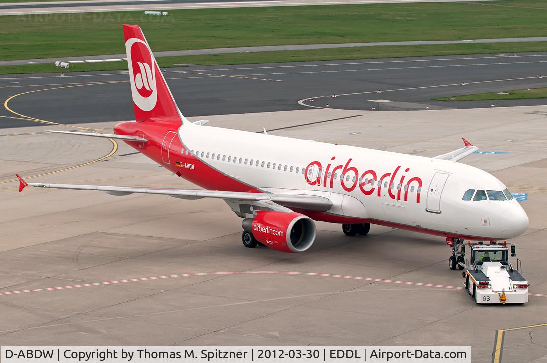 D-ABDW, 2009 Airbus A320-214 C/N 3945, Air Berlin D-ABDW in current c/s pushed back at DUS / EDDL