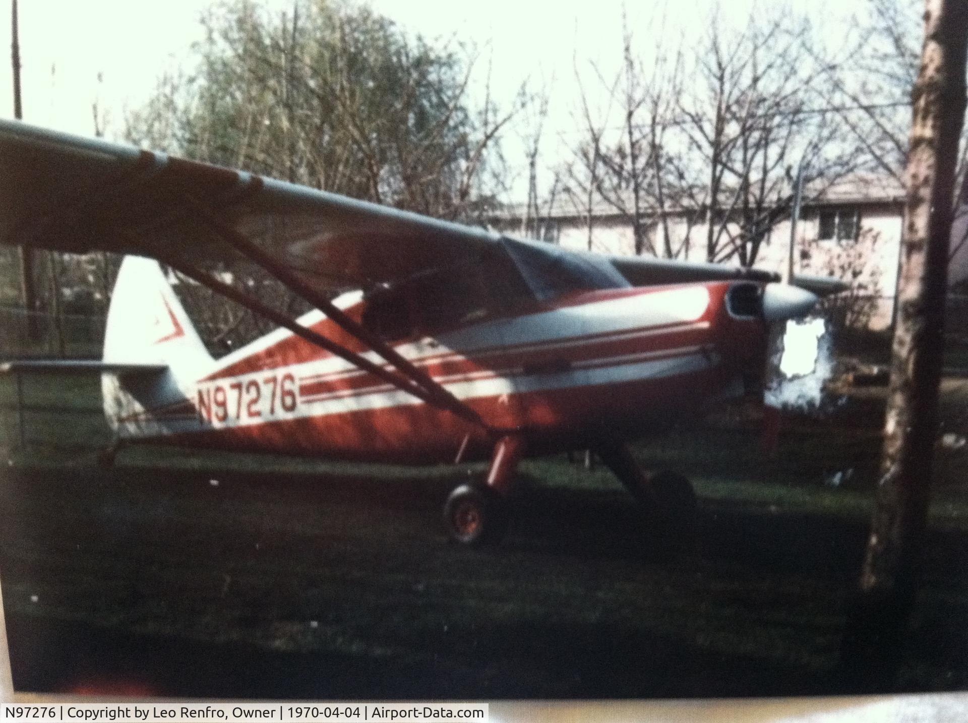 N97276, 1946 Stinson 108 Voyager C/N 108-276, Restored 1968-1970 by Leo Renfro in Hazelwood MO. Flew it for 10 years, sold in 1980. Picture was taken in our backyard after final fitting on day it was transported to airport.
