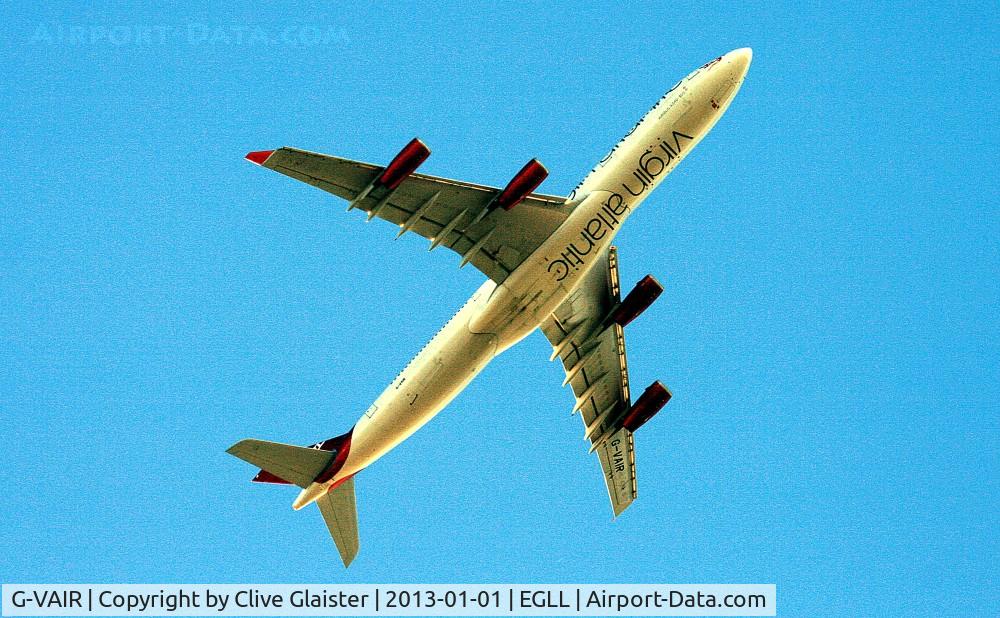 G-VAIR, 1997 Airbus A340-313 C/N 164, Ex: F-WWJA > G-VAIR - Originally chartered and currently with, Virgin Atlantic Airways Ltd since April 1997. Departing Heathrow to New Tokyo International - Narita - Japan. The only picture so-far of it's under-side