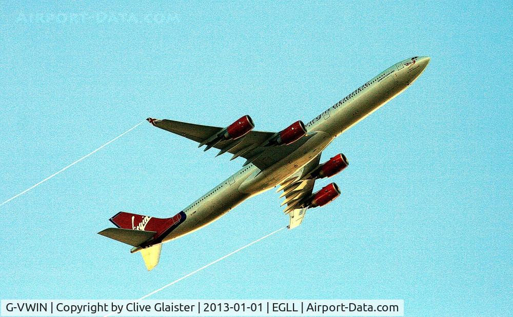 G-VWIN, 2006 Airbus A340-642 C/N 736, Ex: F-WWCL > G-VWIN -Originally chartered and currently with, Virgin Atlantic Airways Ltd since February 2006. Departing Heathrow to Shanghai Pu Dong - China