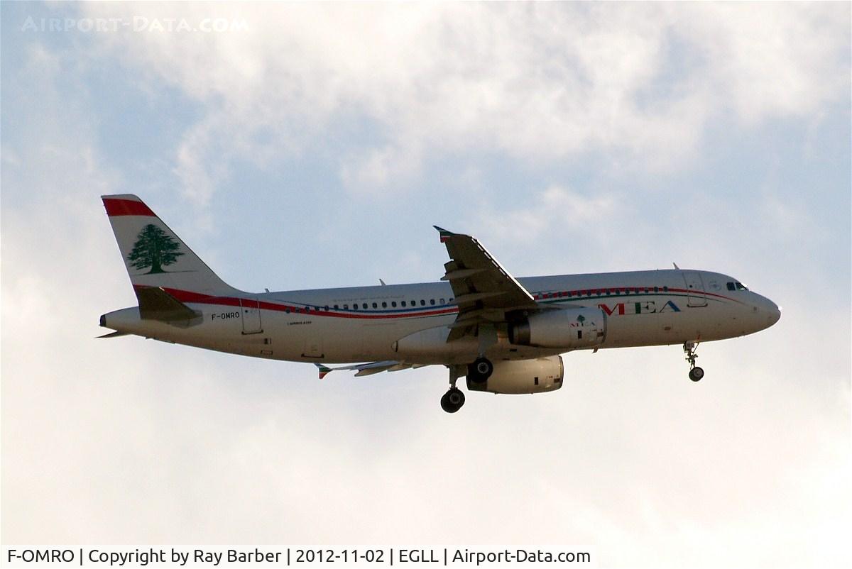 F-OMRO, 2010 Airbus A320-232 C/N 4296, Airbus A320-232 [4296] (Middle East Airlines) Home~G 02/11/2012. Taken on approach to 27L.