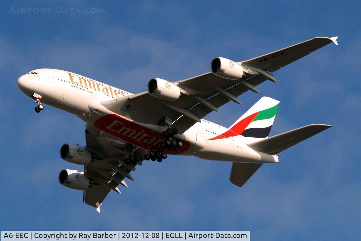 A6-EEC, 2012 Airbus A380-861 C/N 110, Airbus A380-861 [110] (Emirates Airlines) Home~G 08/12/2012. Taken on approach 27R.