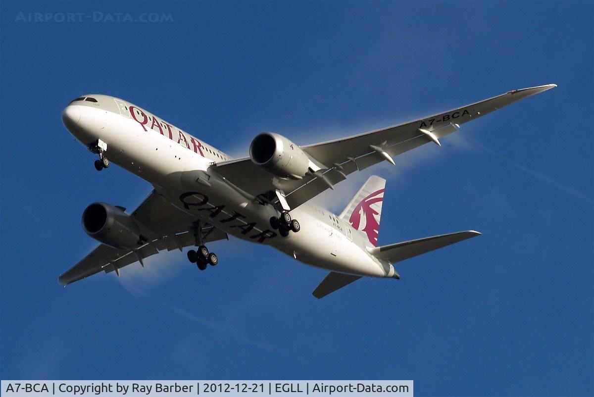 A7-BCA, 2012 Boeing 787-8 Dreamliner C/N 38319, Boeing 787-8 [38319] (Qatar Airways) Home~G 21/12/2012. Visual effect enhanced by water droplets in the air passing over the wings.