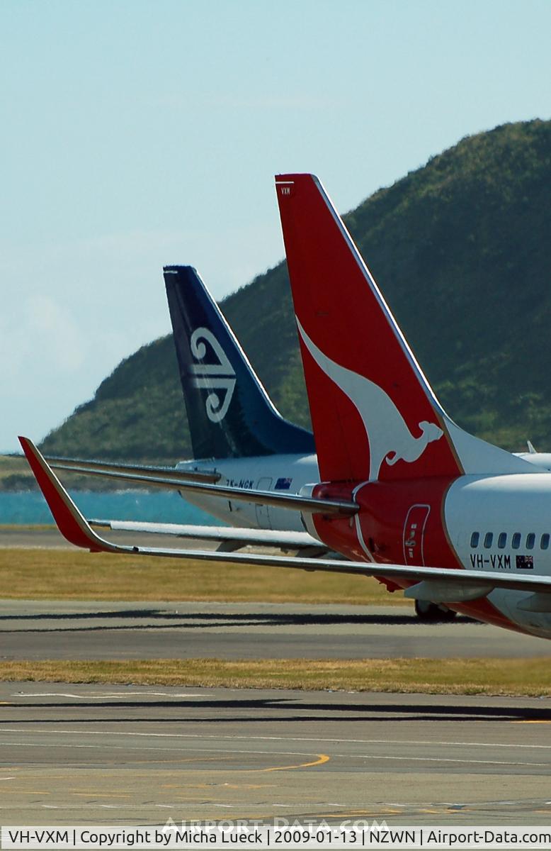 VH-VXM, 2002 Boeing 737-838 C/N 33483, Trans-Tasman competitors. Two great tail designs - which one do you like better?